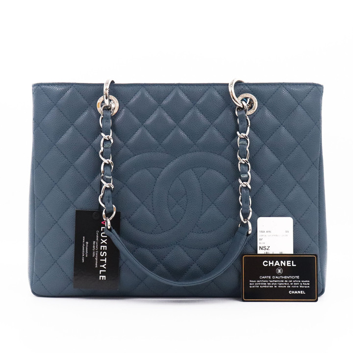 Chanel Grand Shopping Tote GST 14A Blue Quilted Caviar with silver hardware