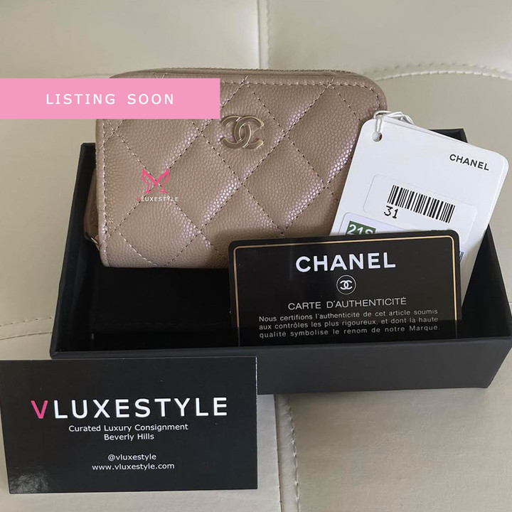 VAN CLEEF & ARPELS Chanel Zip Coin Purse 21S Iridescent Dark Beige Quilted Caviar with light gold hardware 