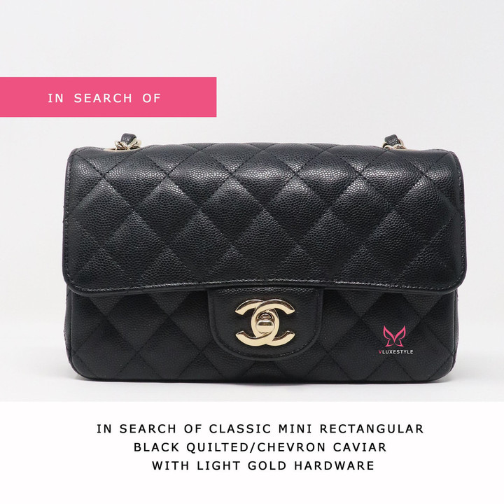VAN CLEEF & ARPELS IN SEARCH OF Chanel Classic Mini Rectangular Black Quilted or Chevron Caviar with light gold hardware 