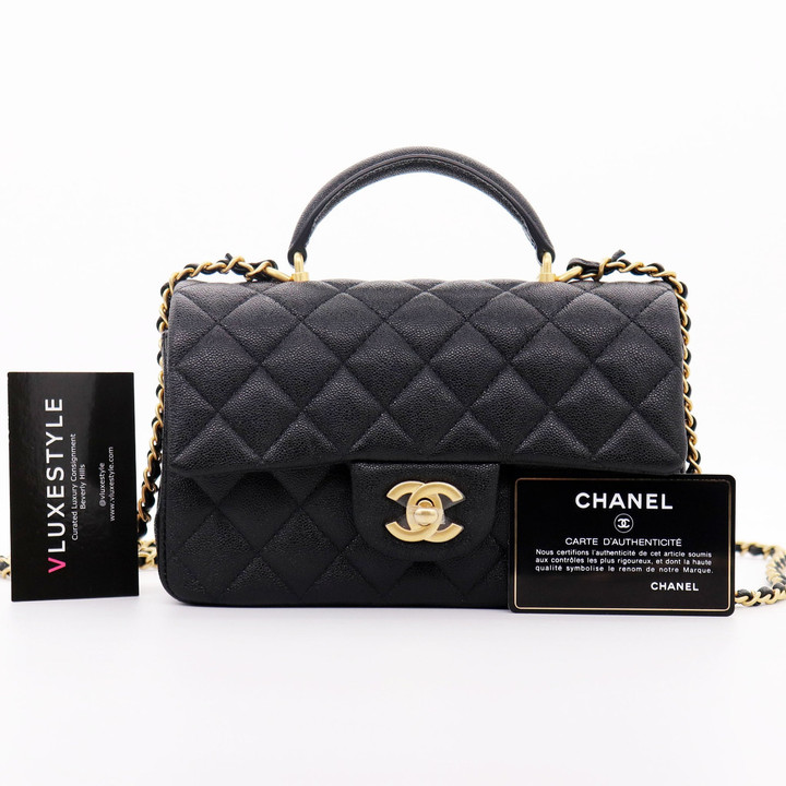 VAN CLEEF & ARPELS Chanel Mini Rectangular with top handle 21S Black Quilted Caviar with brushed gold hardware 