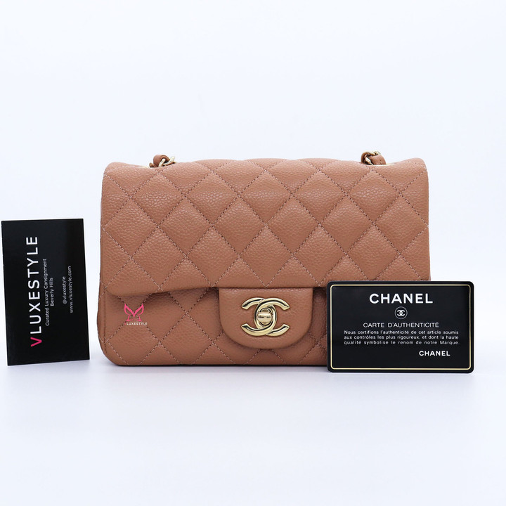 VAN CLEEF & ARPELS Chanel Classic Mini Rectangular 18S Caramel Quilted Caviar with light gold hardware 