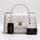 VAN CLEEF 
ARPELS Chanel Coco Handle 20K Iridescent White Quilted Caviar with shiny light gold hardware 