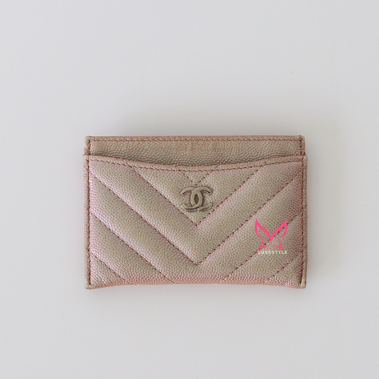 Chanel Classic Flat Card Holder 17B Iridescent Rose Gold Chevron Caviar Silver Hardware
