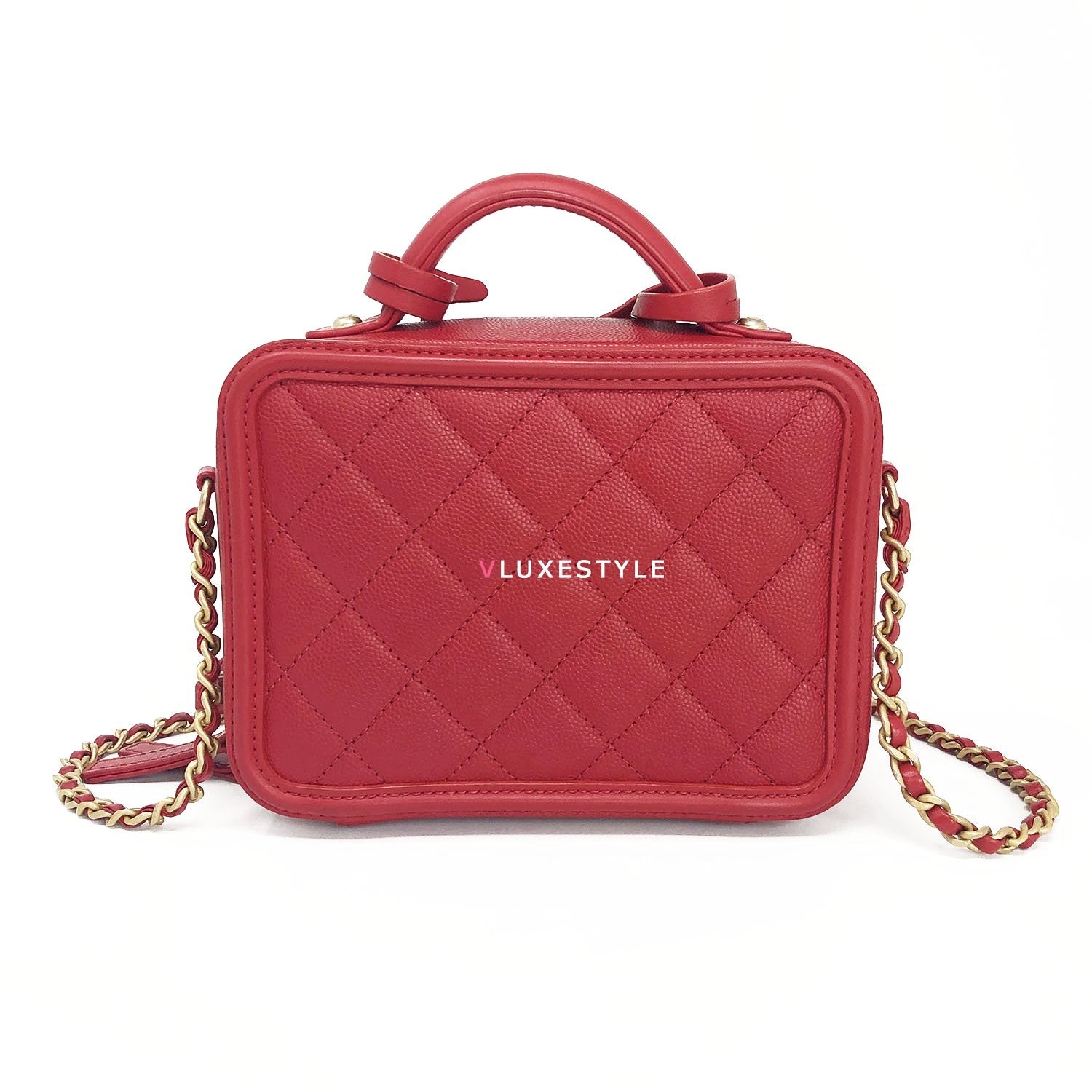 Chanel 18P Small Filigree Vanity Case Red Quilted caviar with aged