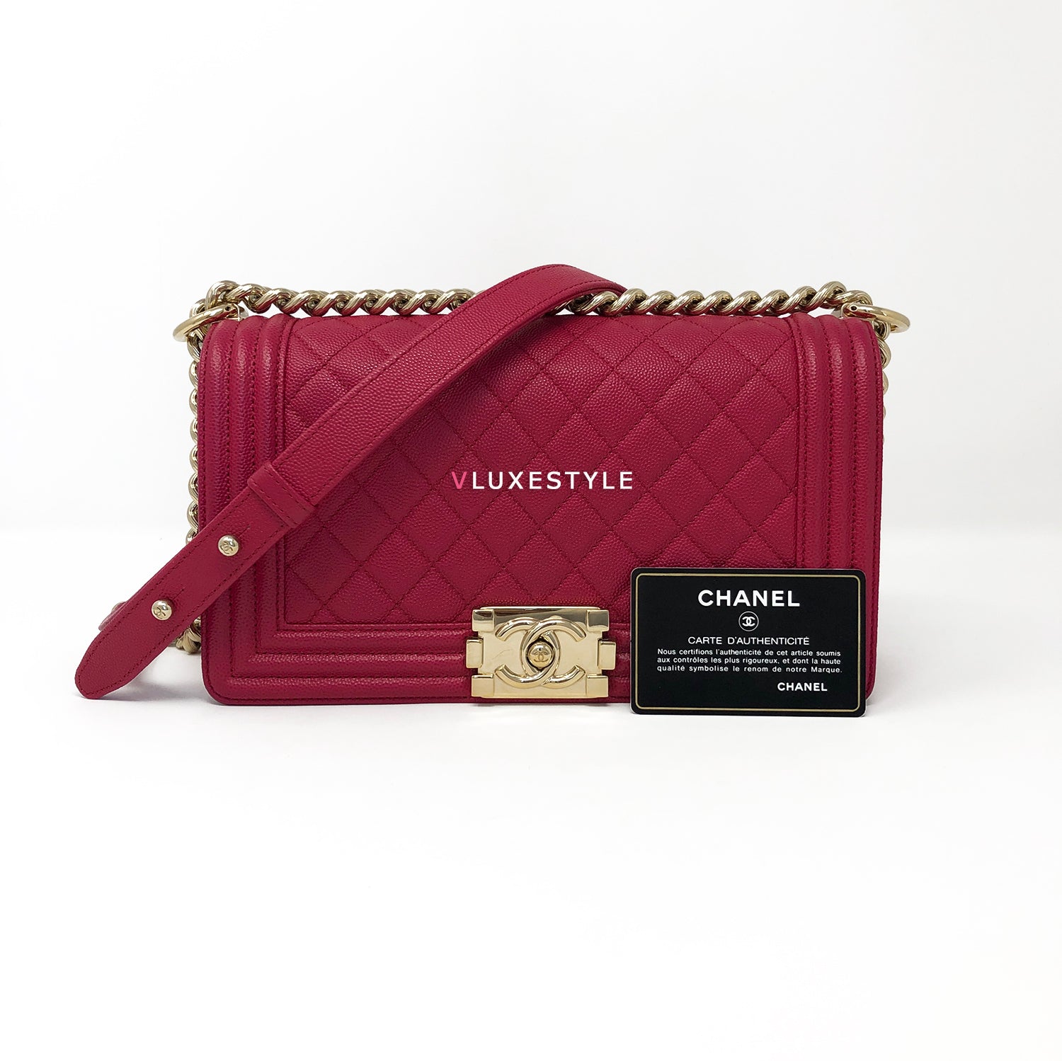 CHANEL Le Boy Small Caviar Leather Shoulder Bag Red