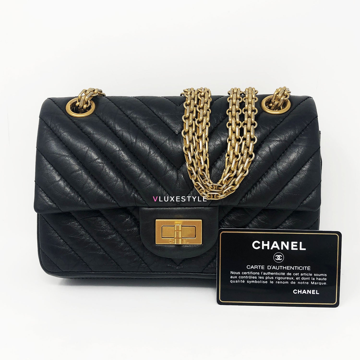 Chanel Reissue Black Chevron Calfskin Double Flap and Aged Gold Hardware  size 224