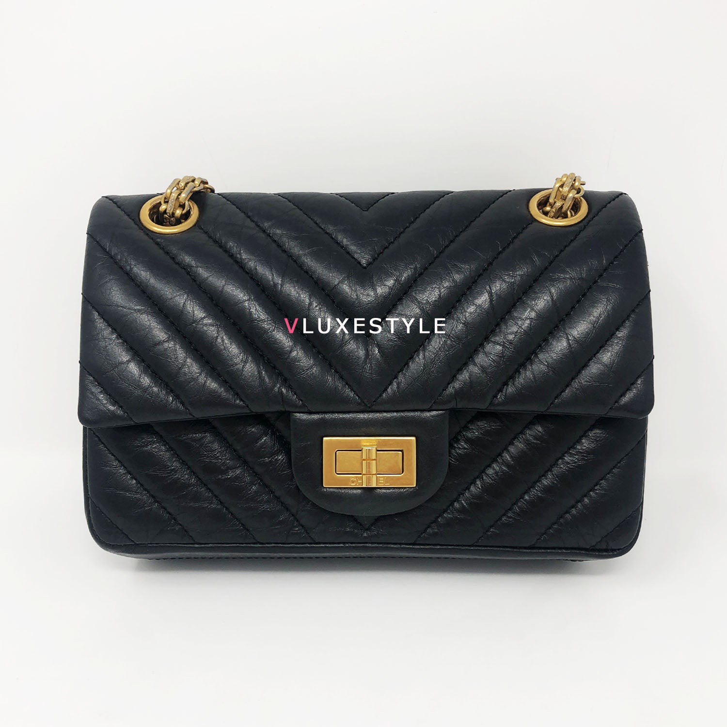 Chanel Reissue Black Chevron Calfskin Double Flap and Aged Gold Hardware  size 224