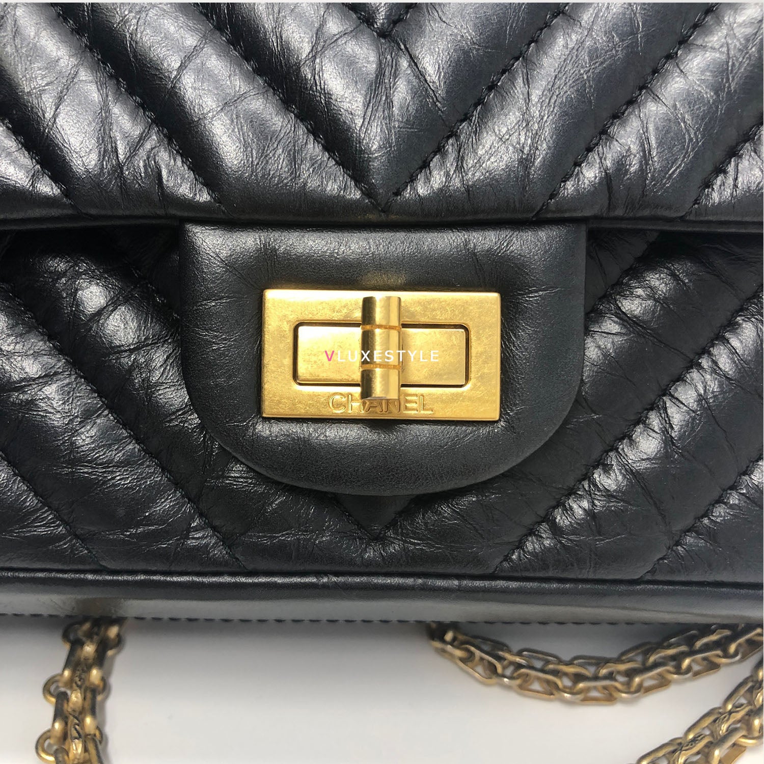 Chanel Reissue Black Chevron Calfskin Double Flap and Aged Gold