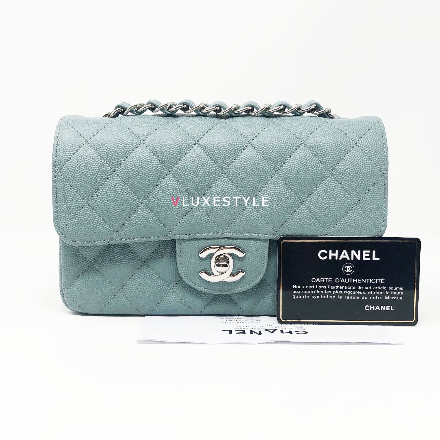 Chanel 18C Mini Rectangular Light Blue Quilted Caviar with silver