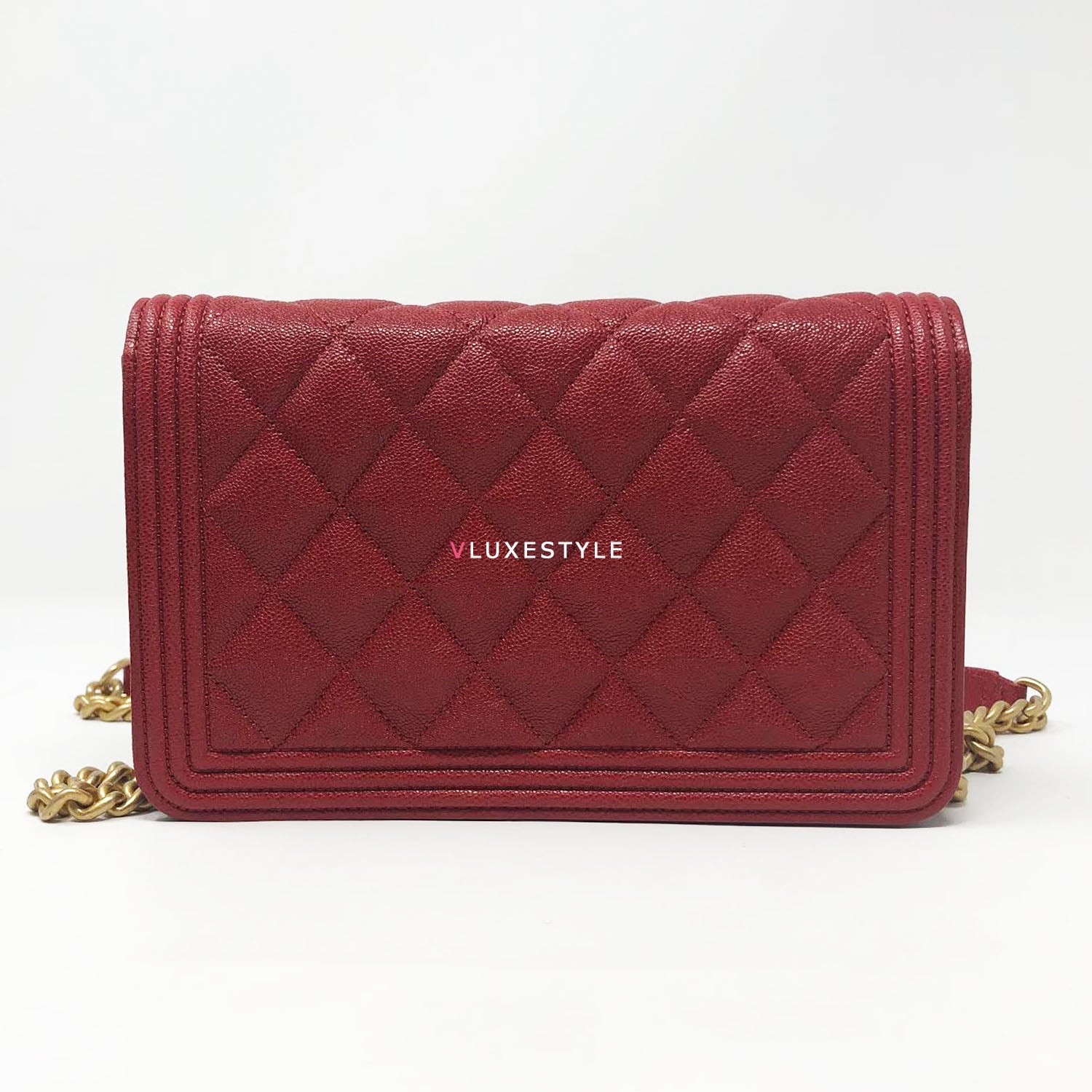 Chanel 19A Boy Wallet on Chain Red Caviar with brushed gold hardware
