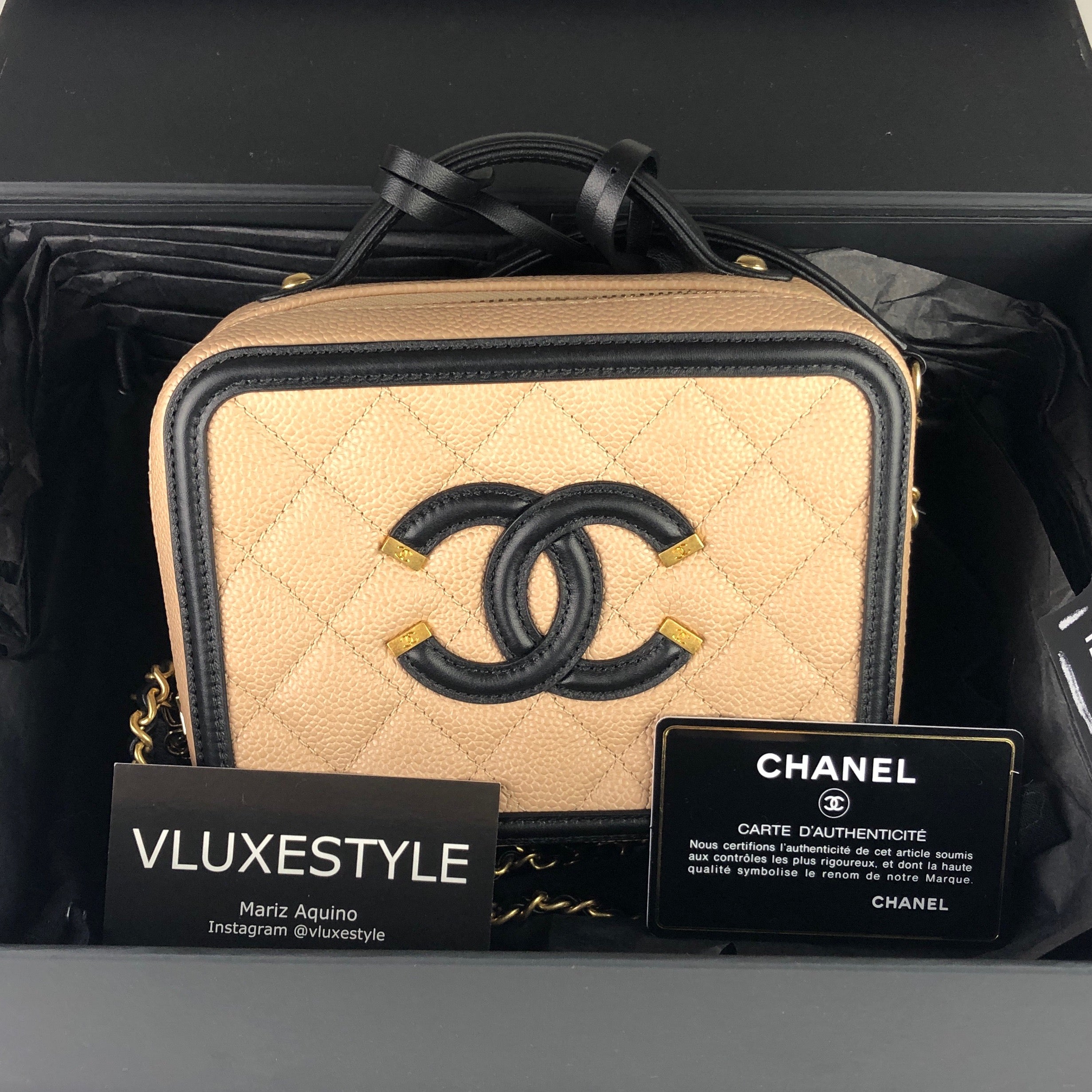 Chanel Small Filigree Vanity Case Beige Black Quilted Caviar