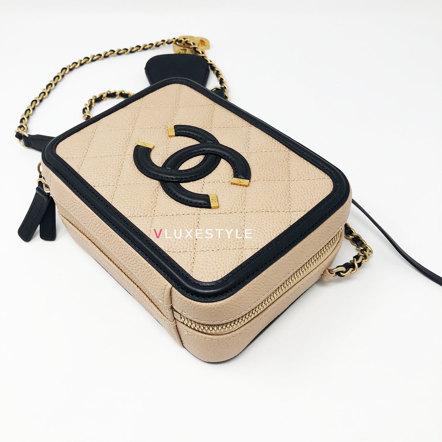 Chanel Small Filigree Vanity Case Beige Black Quilted Caviar