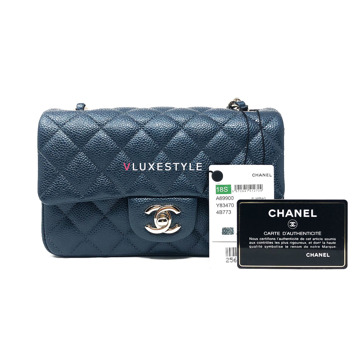 18S Chanel Caviar Iridescent Blue Small Classic Double Flap Bag
