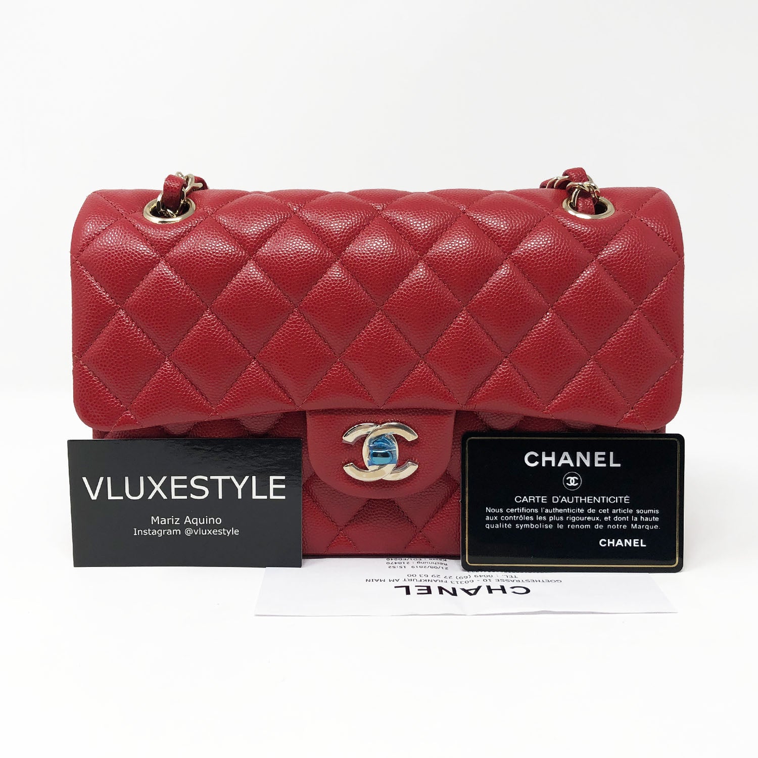 Chanel Classic Small 19B Red Caviar with light gold hardware