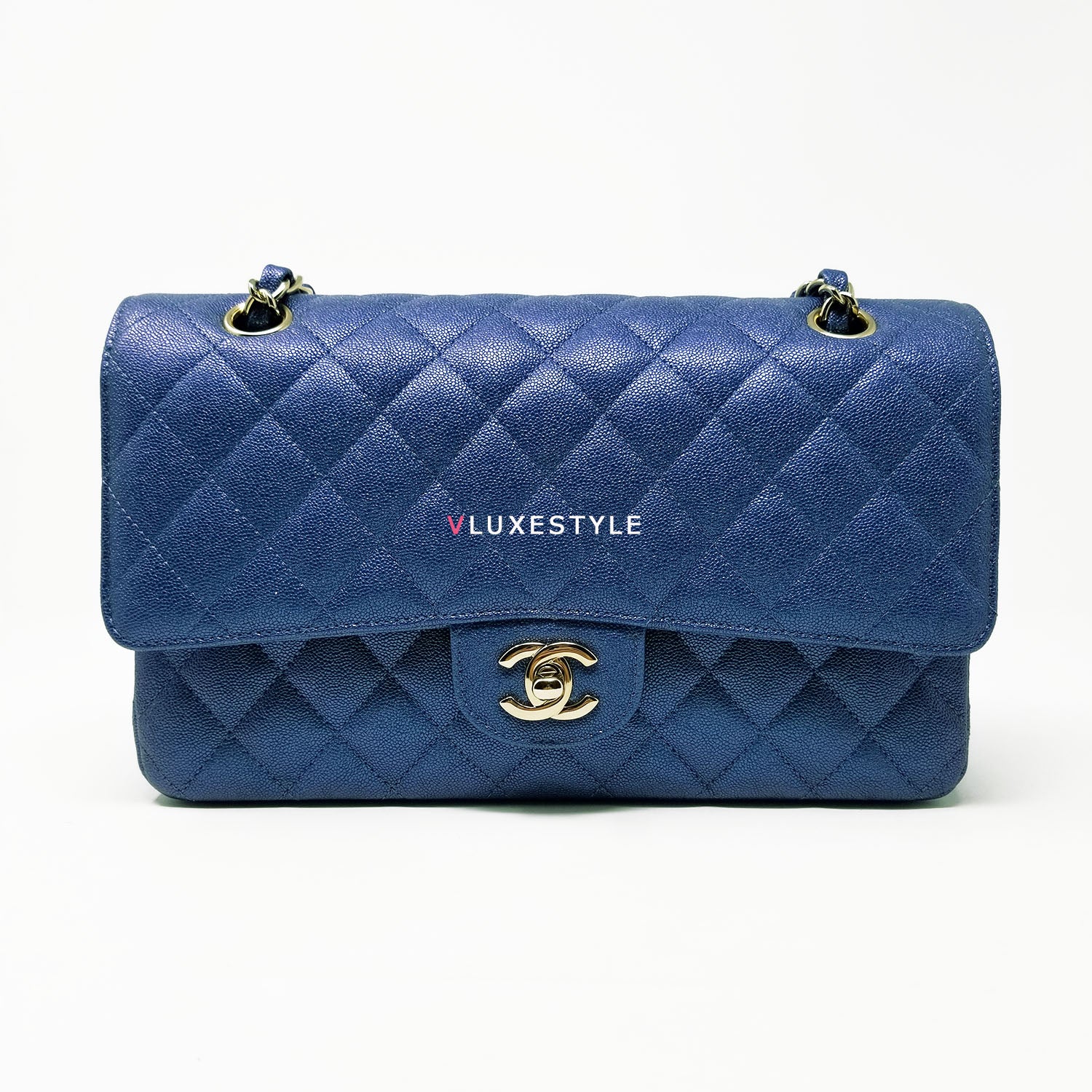 Chanel Classic Medium Double Flap 19S Blue Quilted Iridescent Caviar with  light gold hardware