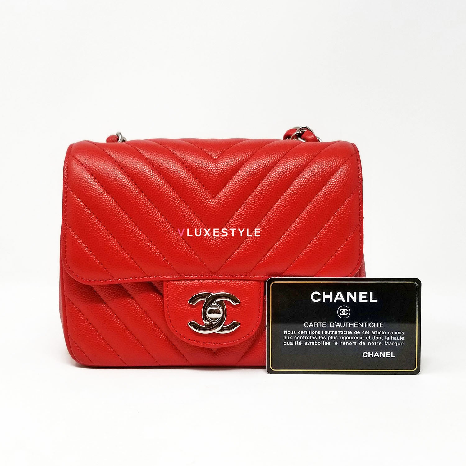 Chanel Classic 17S Mini Square Red Chevron Caviar with silver hardware