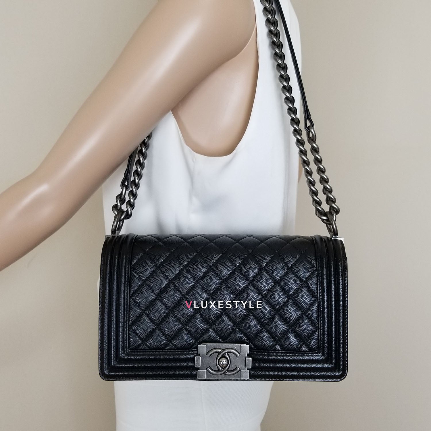 Chanel 2018 Le Boy Old Medium Black Quilted Caviar with ruthenium hardware