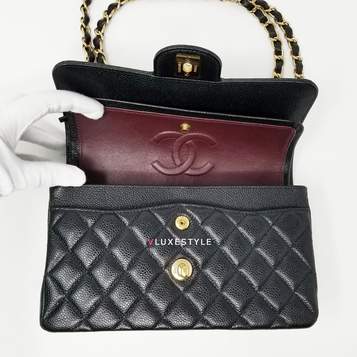 Chanel Top Handle Clutch with Chain Black Caviar Light Gold