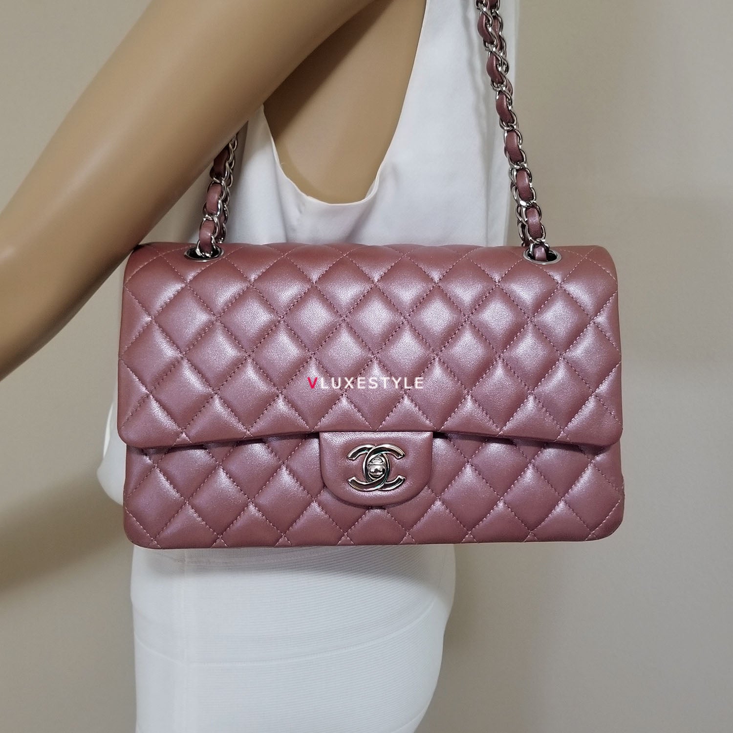 Chanel Classic Medium Double Flap Iridescent Mauve Lambskin with silver  hardware