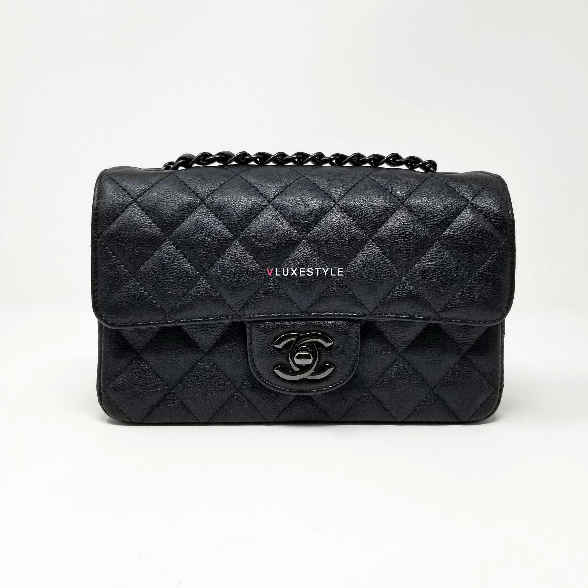 Chanel 17S So Black Mini Square Crumpled Quilted Calfskin
