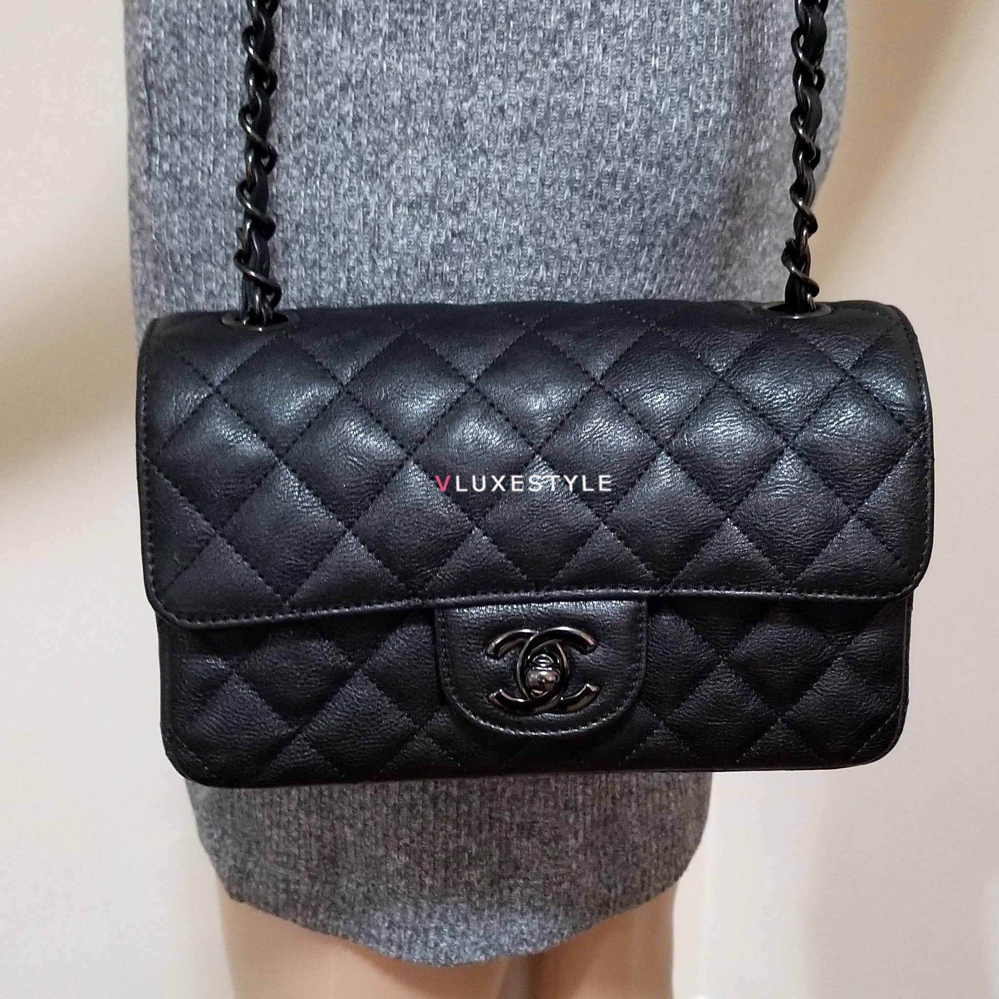 Chanel So Black Mini Rectangle Flap in Black Distressed Calf Leather and  Black HW