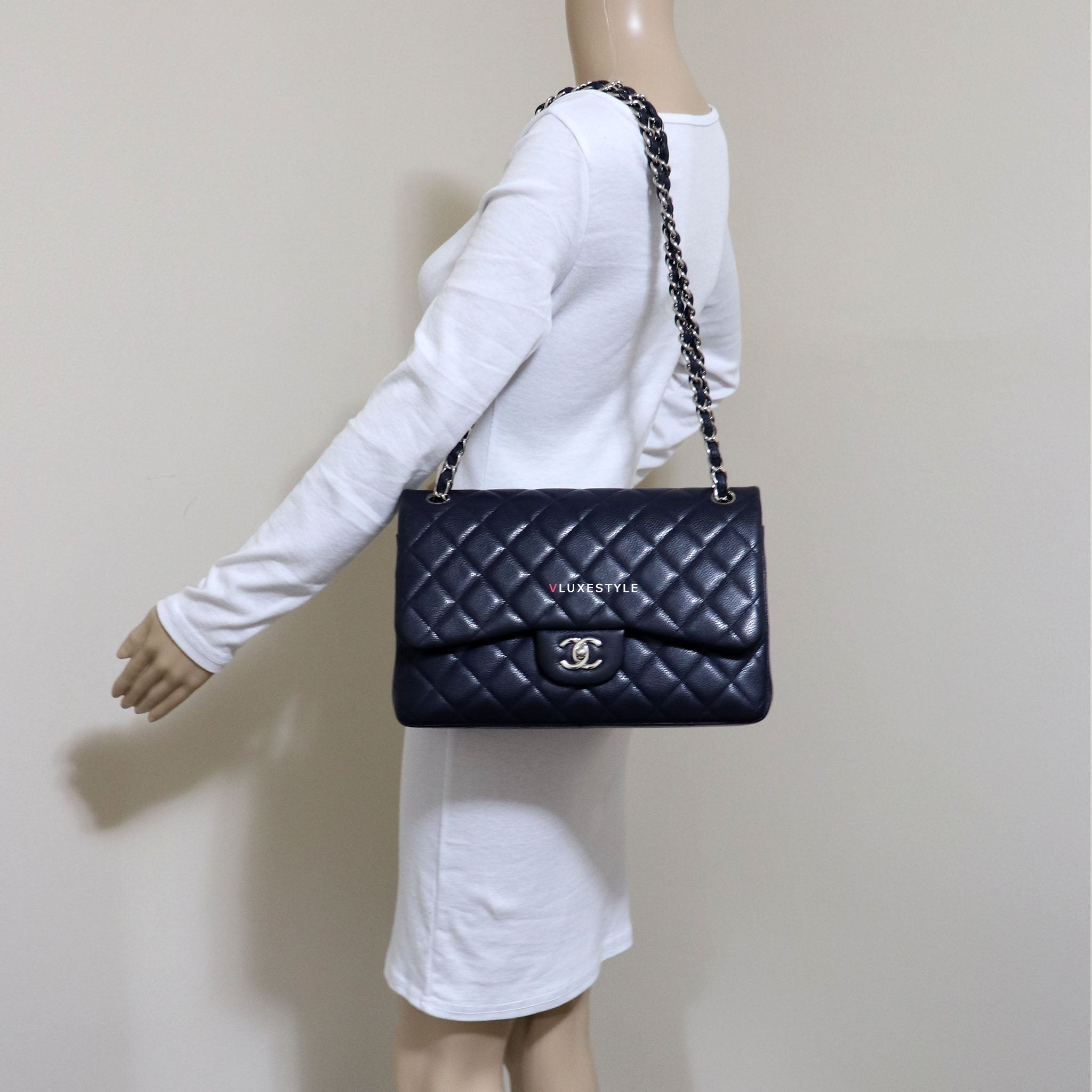 Chanel Classic Jumbo Double Flap Navy Quilted Caviar with silver