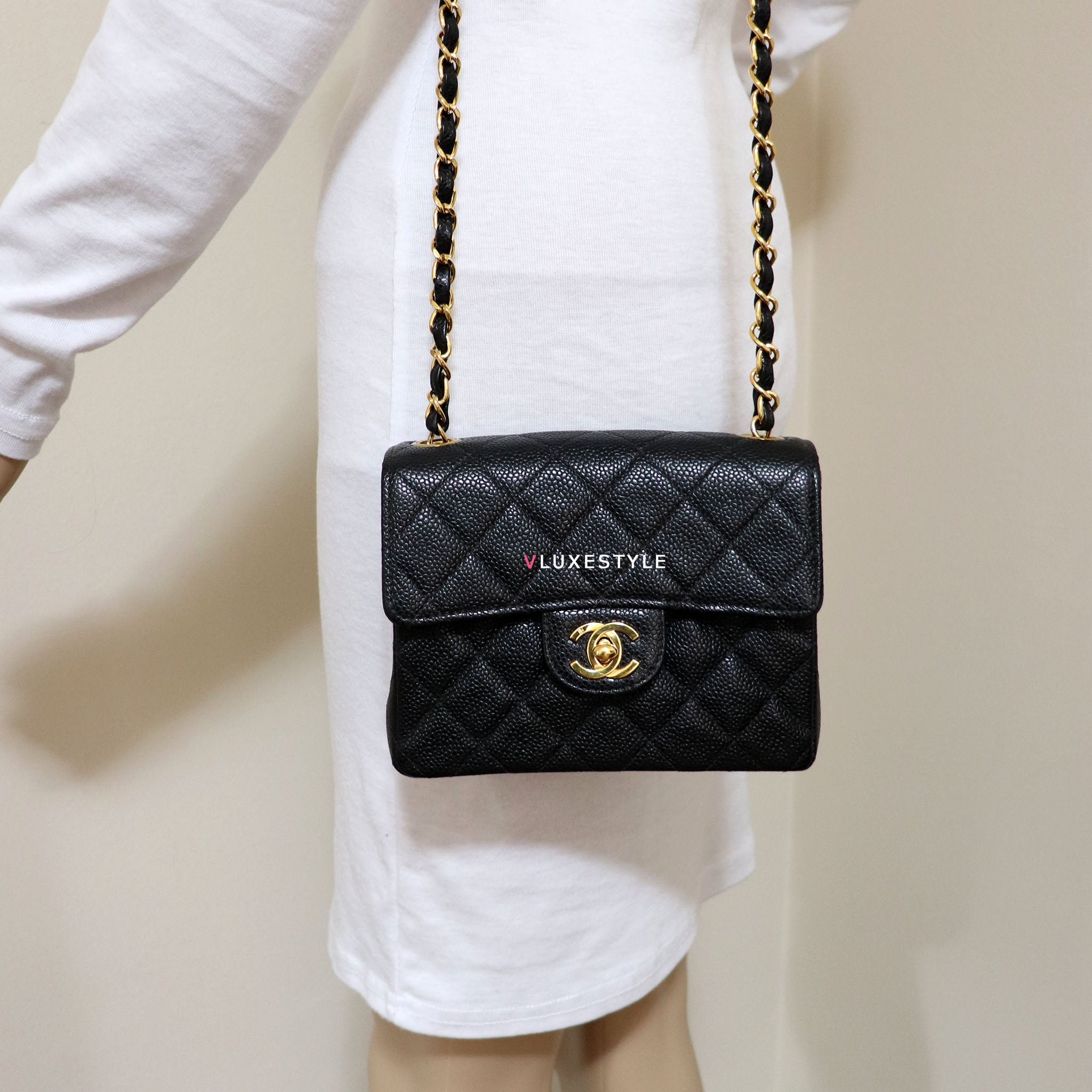 Chanel Classic Mini Square Black Quilted Caviar with 24k gold
