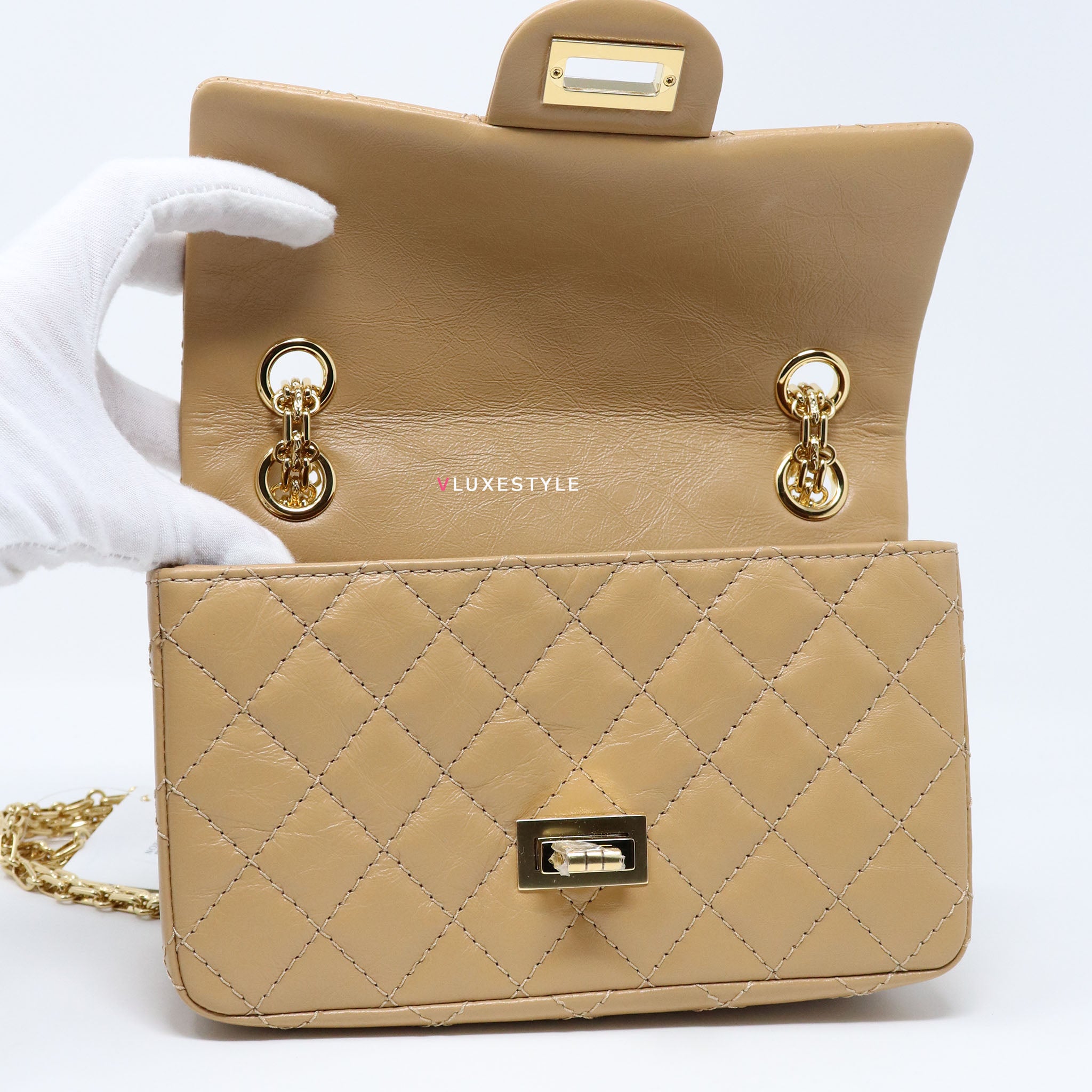 Chanel 19A Mini Reissue Beige Quilted Aged Calfskin with shiny gold hardware