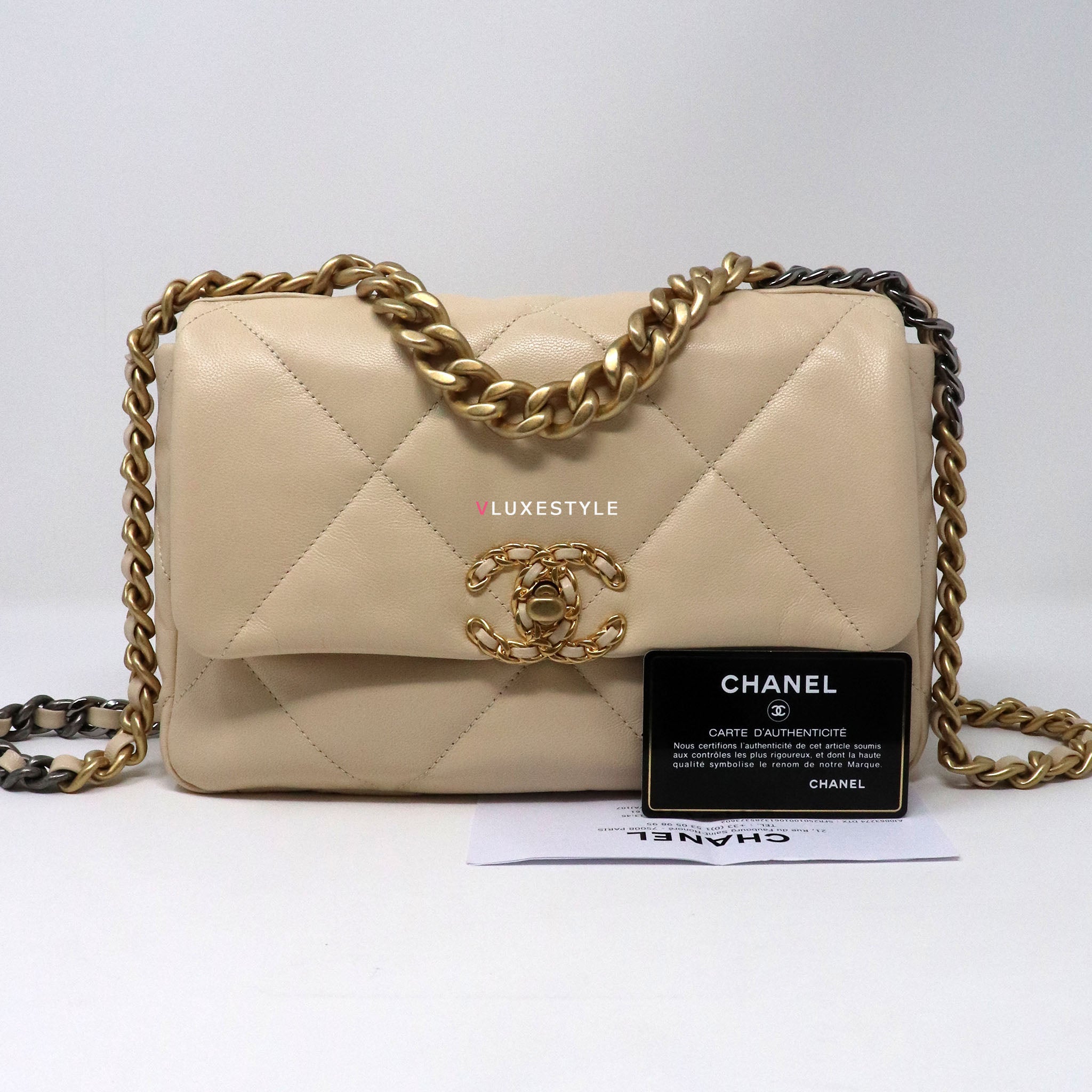 Chanel 19 Small, Beige Goatskin, New in Box GA001