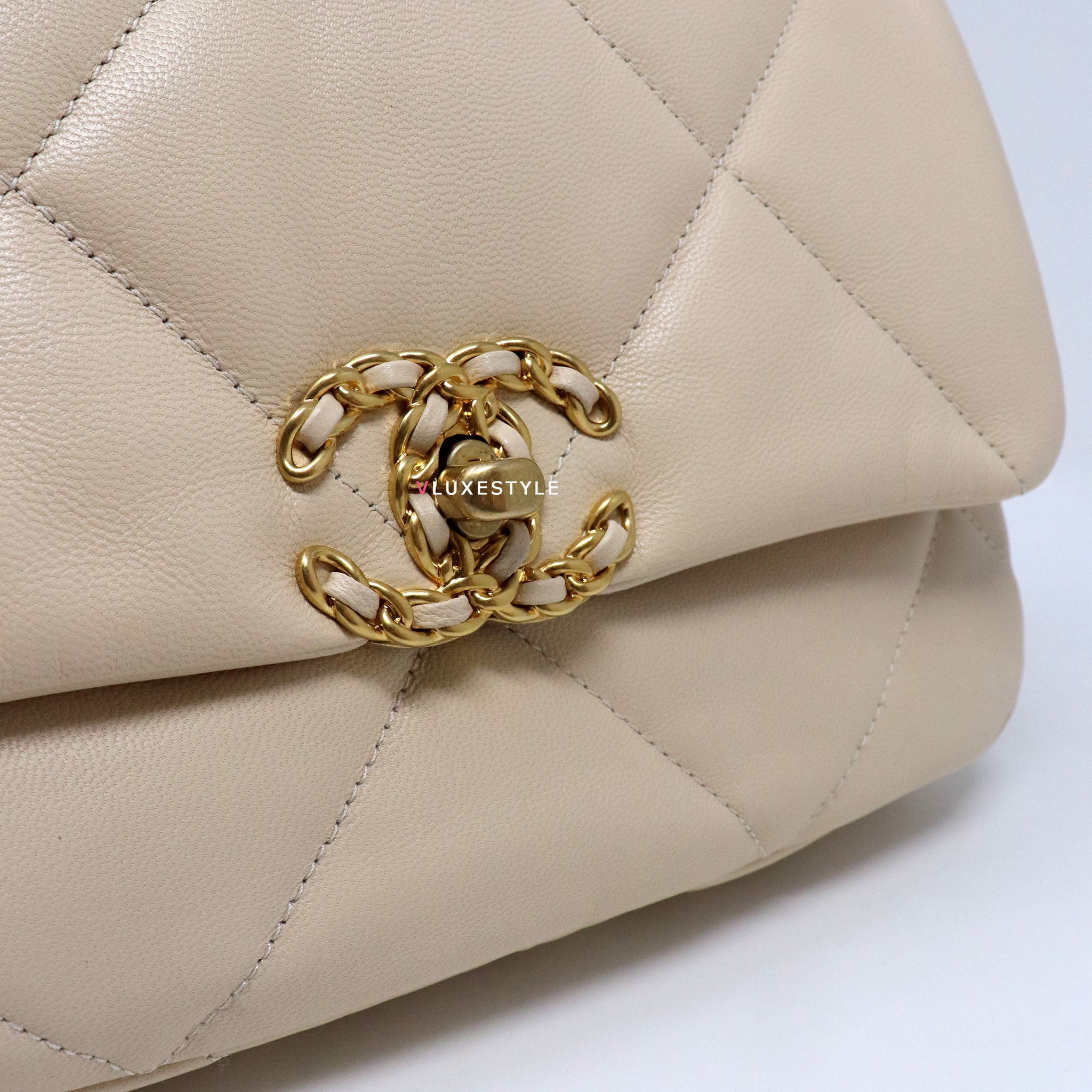 Excellent Used CHANEL 19 Small Flap Bag in Beige Goatskin Mix Hardware