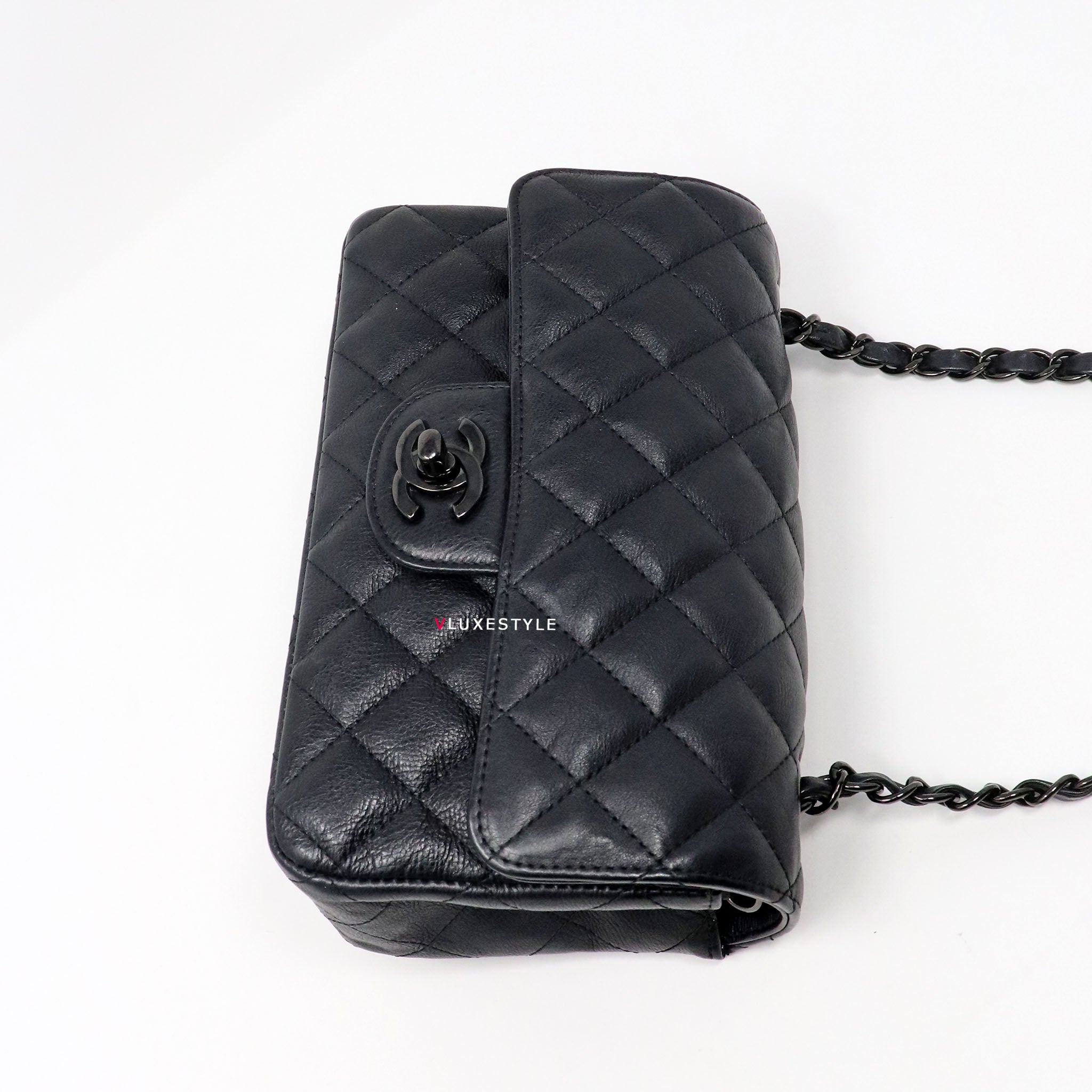 Chanel 17S So Black Classic Mini Rectangular Crumpled Quilted Calfskin with  shiny black hardware