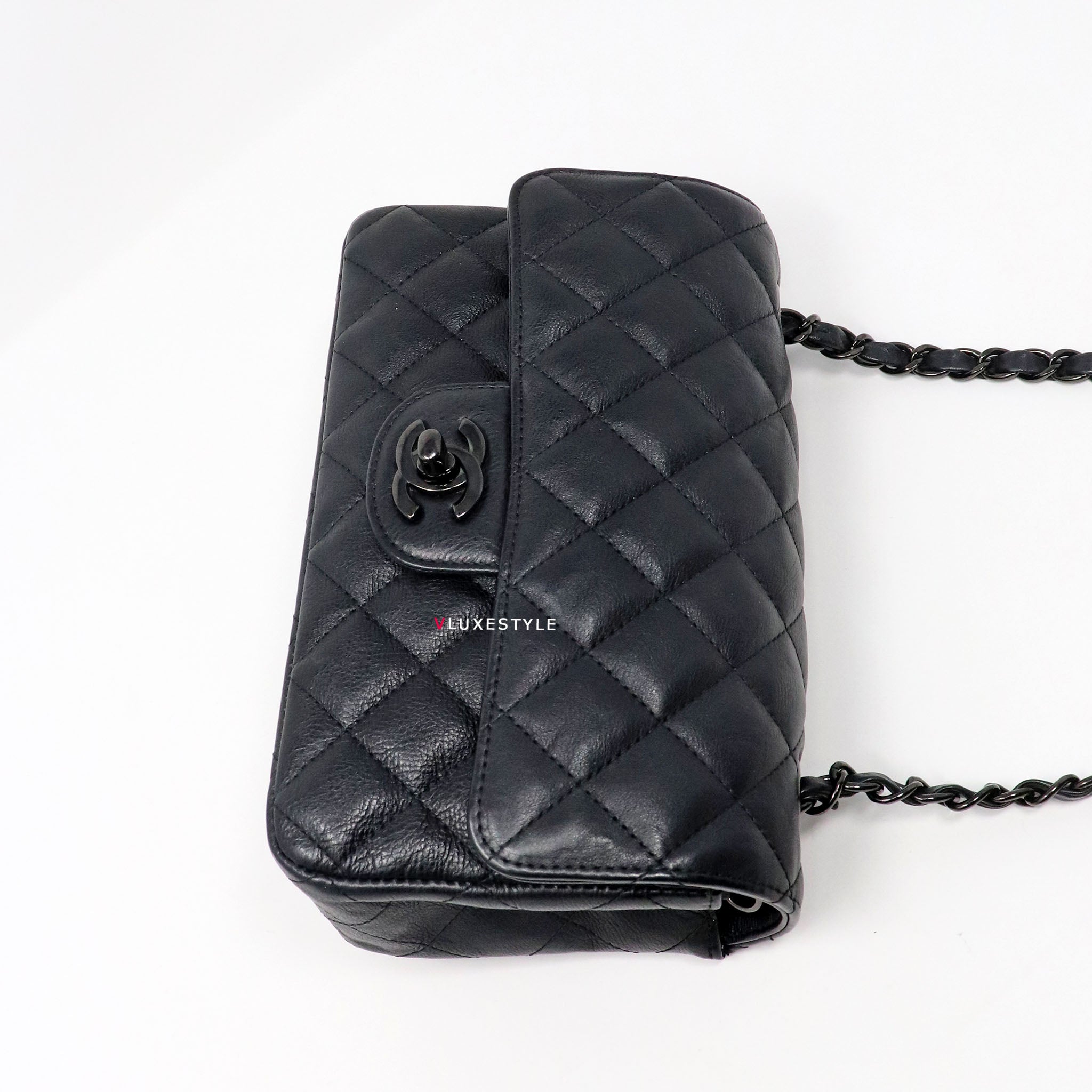 Chanel 17S So Black Classic Mini Rectangular Crumpled Quilted Calfskin with shiny  black hardware