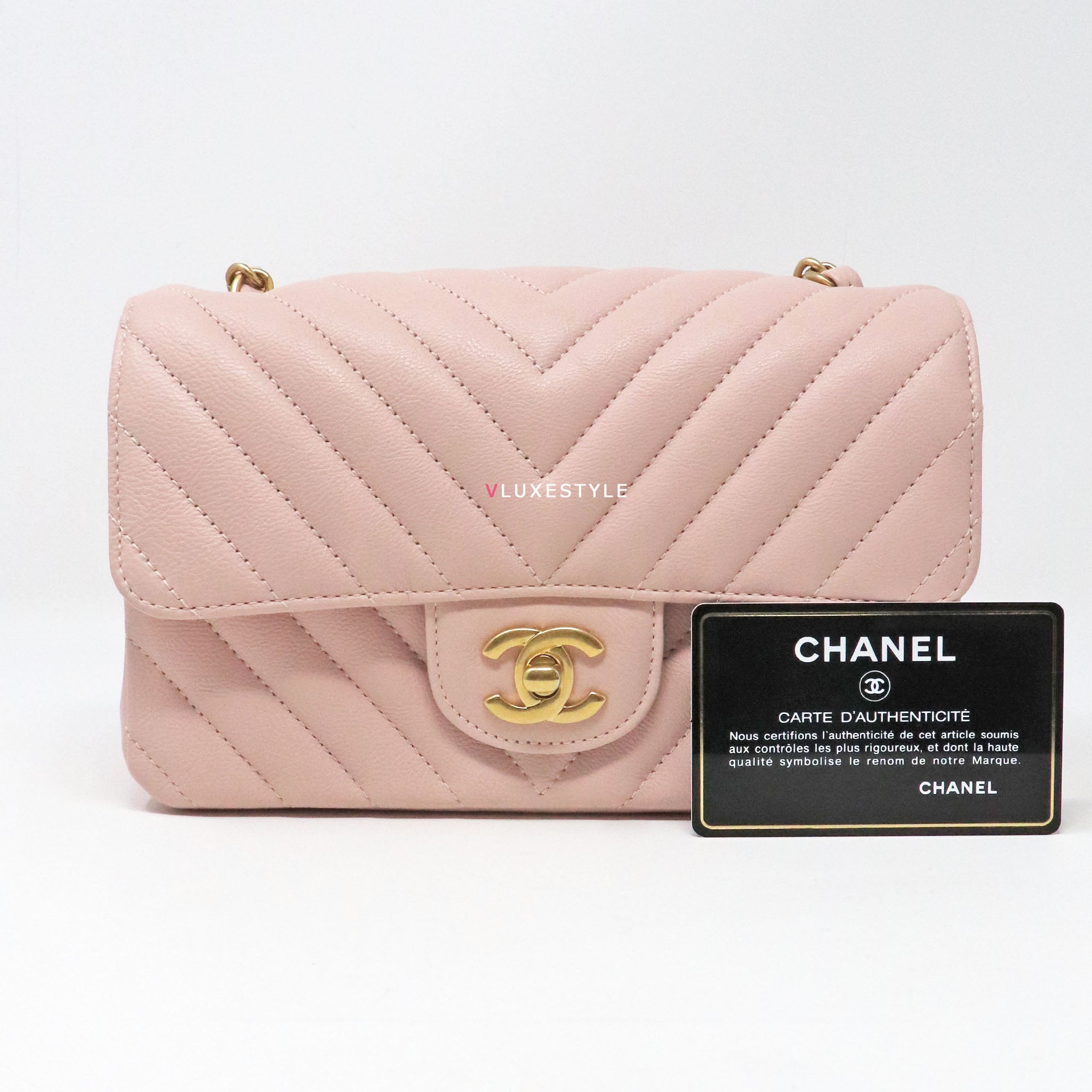 Chanel Classic Mini Rectangular 17C Pink Chevron Calfskin with brushed gold  hardware