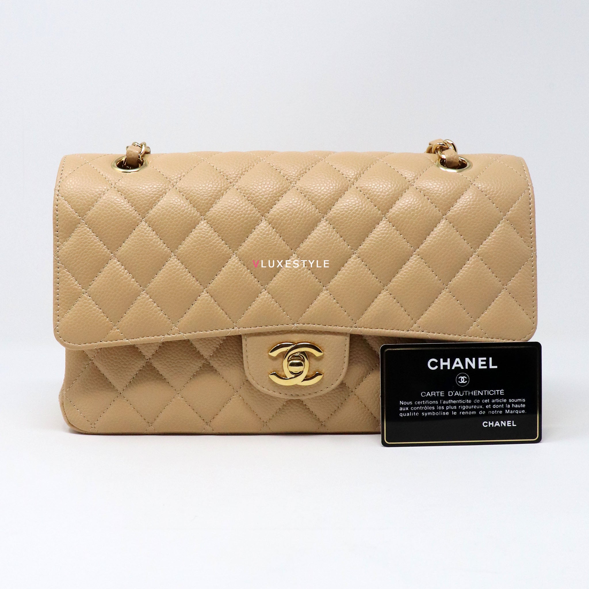 Classic Medium Double Flap Beige Clair Quilted Caviar with gold