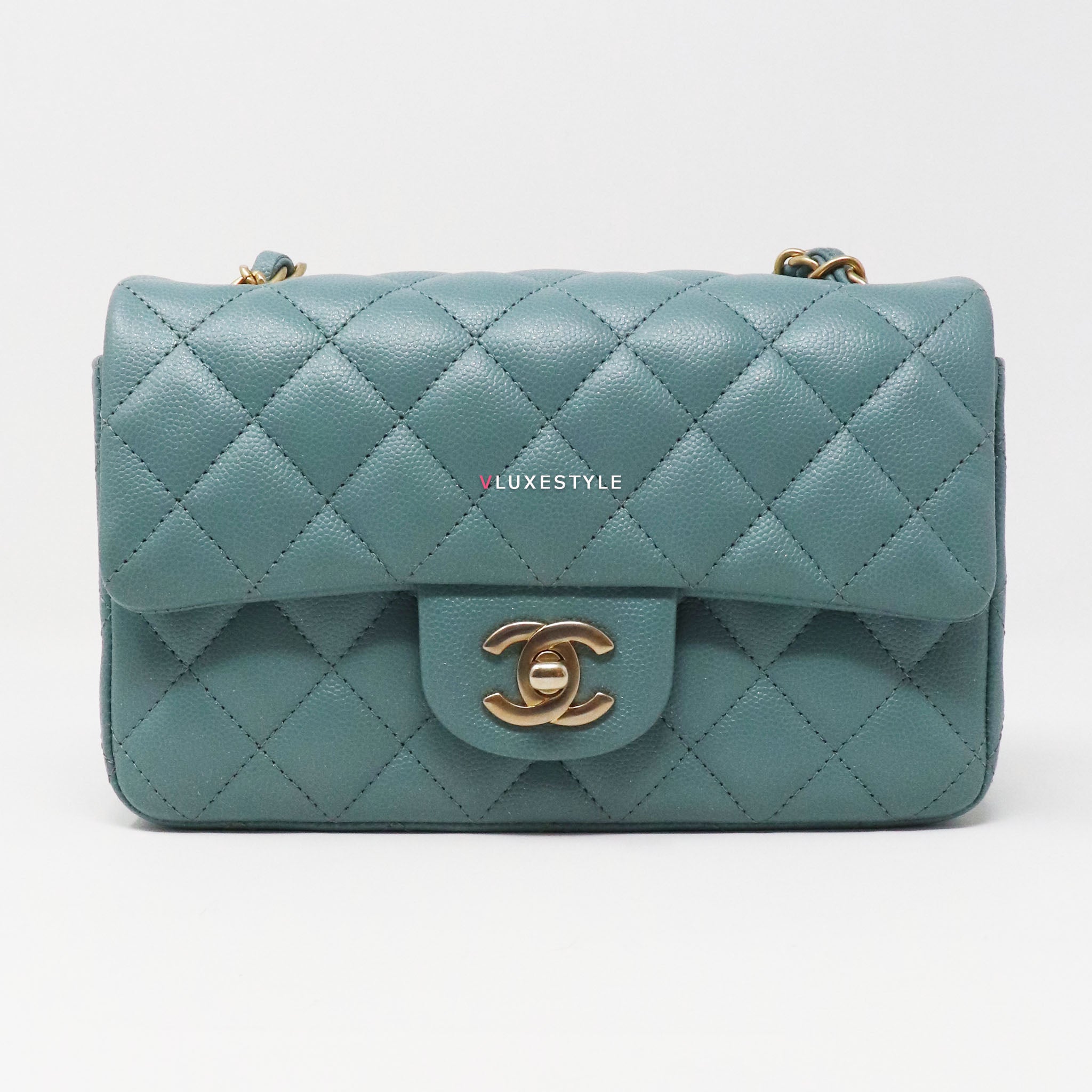 Classic 18C Mini Rectangular Blue Iridescent Quilted Caviar with brushed  gold hardware