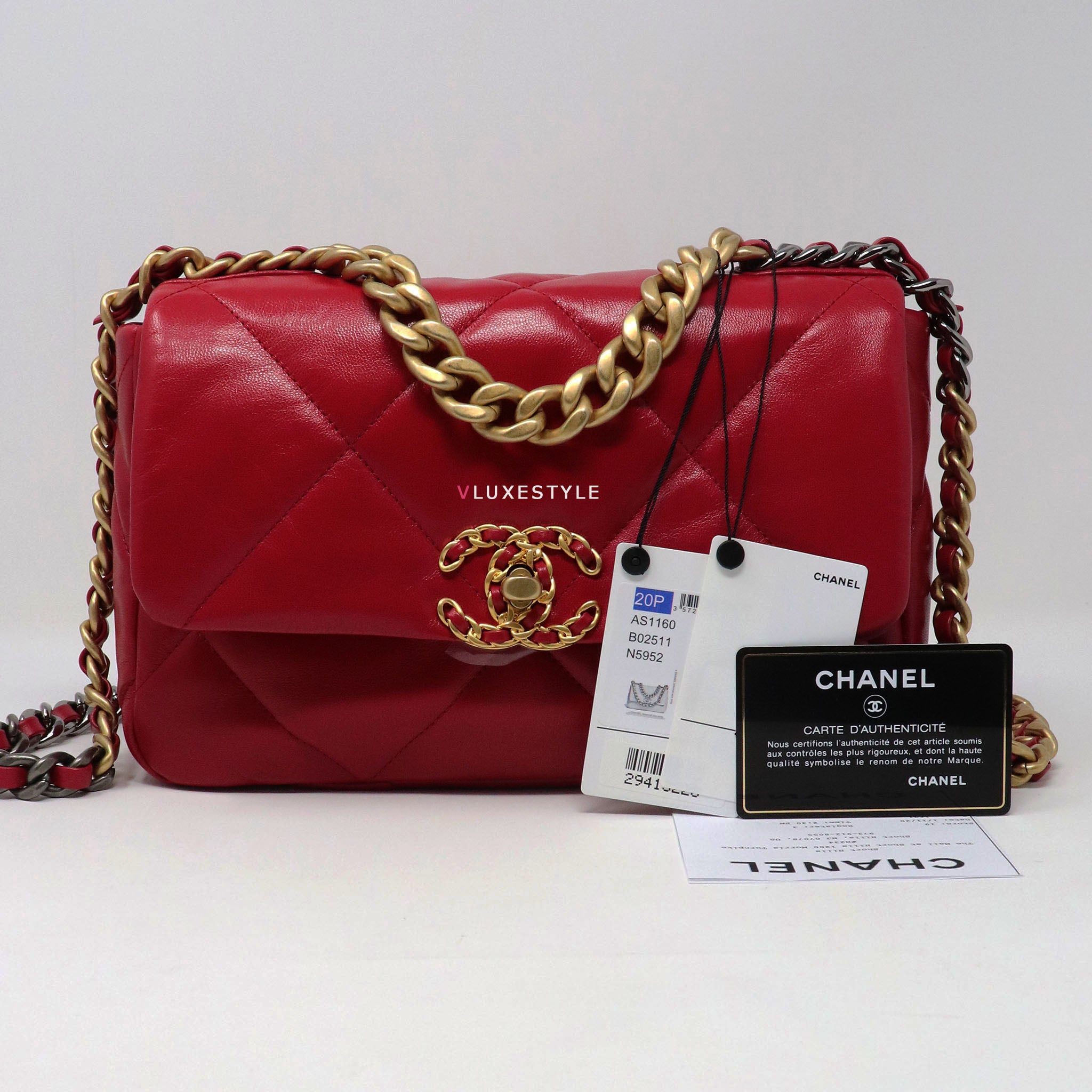 Chanel 19 Bag Small 20P Red Quilted Goatskin with silver, ruthenium and  aged gold hardware