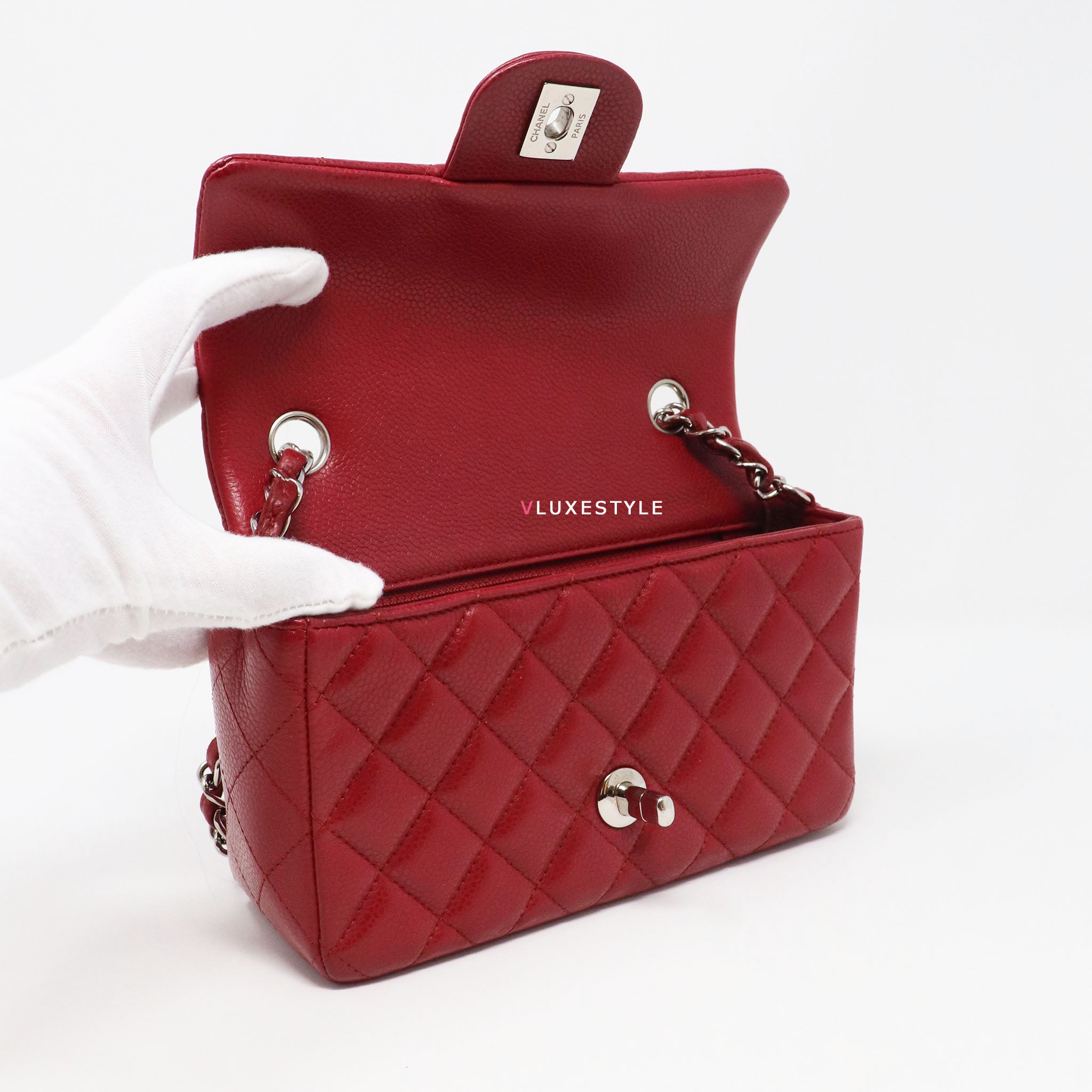 Chanel Classic 17S Mini Square Red Chevron Caviar with silver hardware