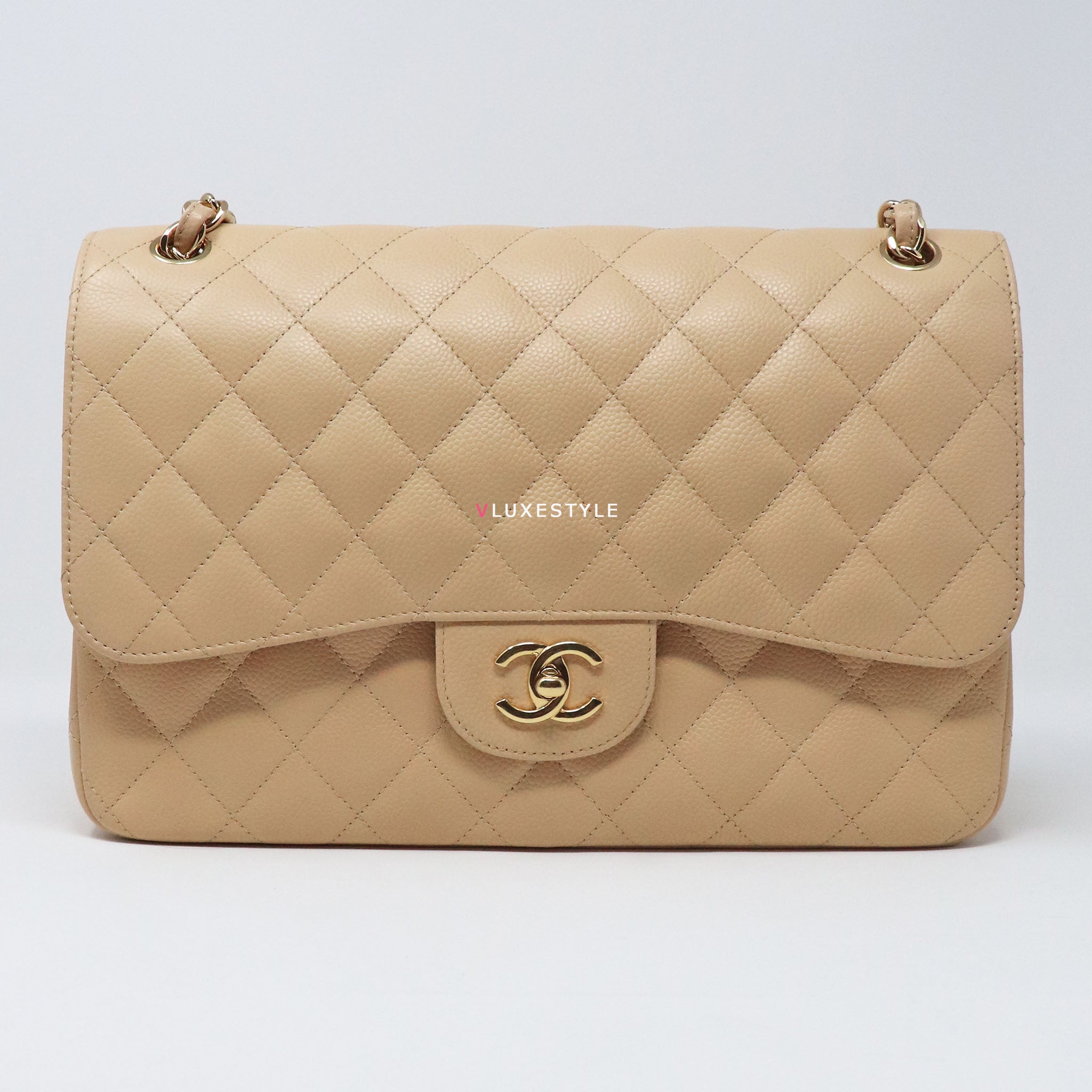 Chanel Classic Jumbo Double Flap, Beige Clair Caviar Leather, Gold  Hardware, Preowned in Dustbag GA001