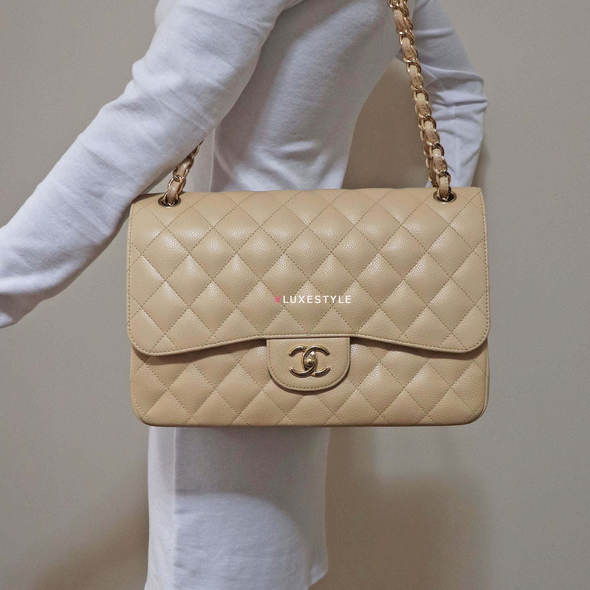 Chanel Classic Jumbo Double Flap Beige Clair Quilted Caviar with