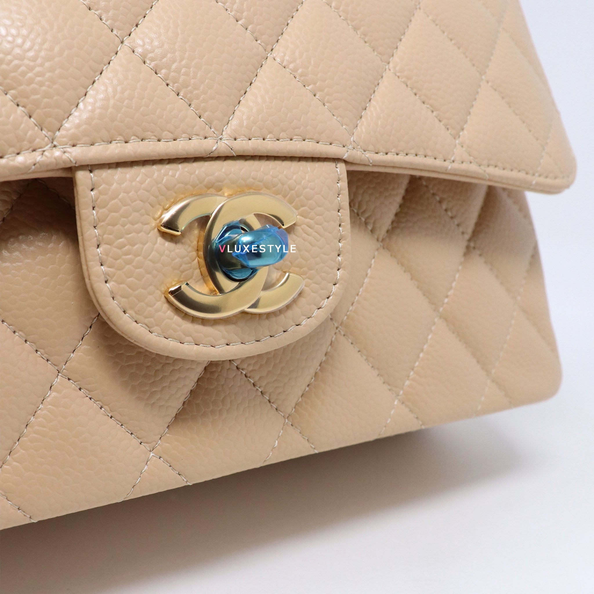 Chanel Classic Small Double Flap Beige Quilted Caviar with gold