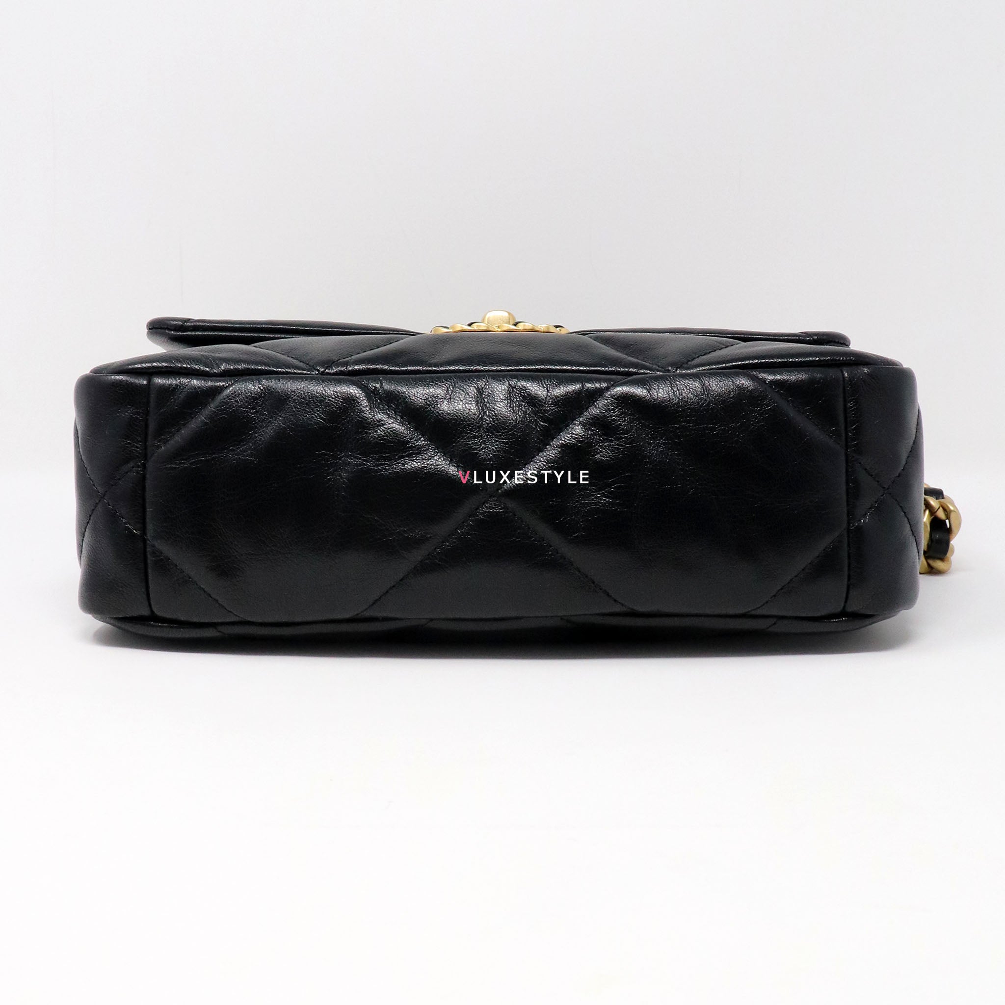 CHANEL Shiny Goatskin Quilted Small Chanel 19 Pouch With Handle Black  1283380