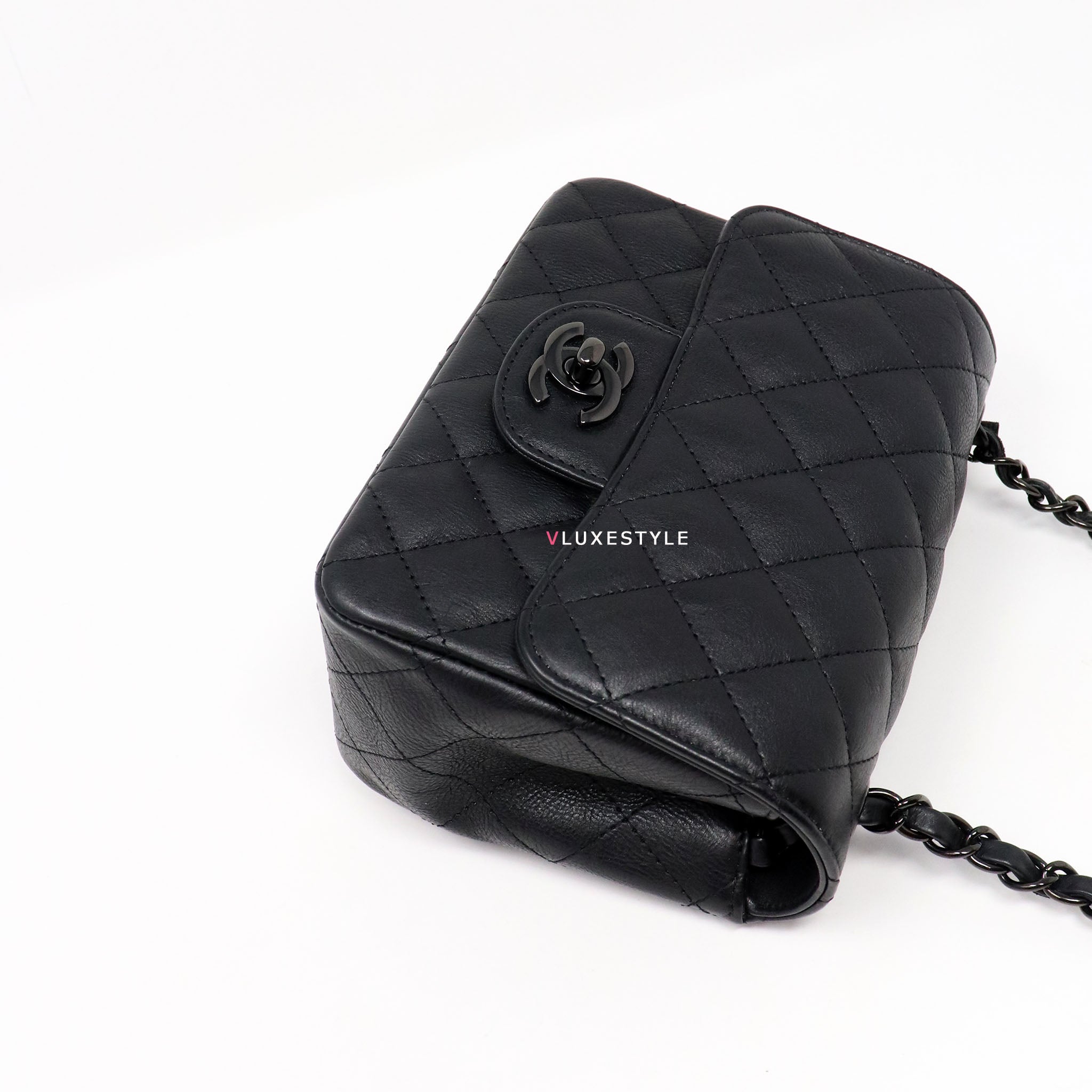 Chanel Classic Mini Square 17S So Black Quilted Crumpled Calfskin with shiny  black hardware