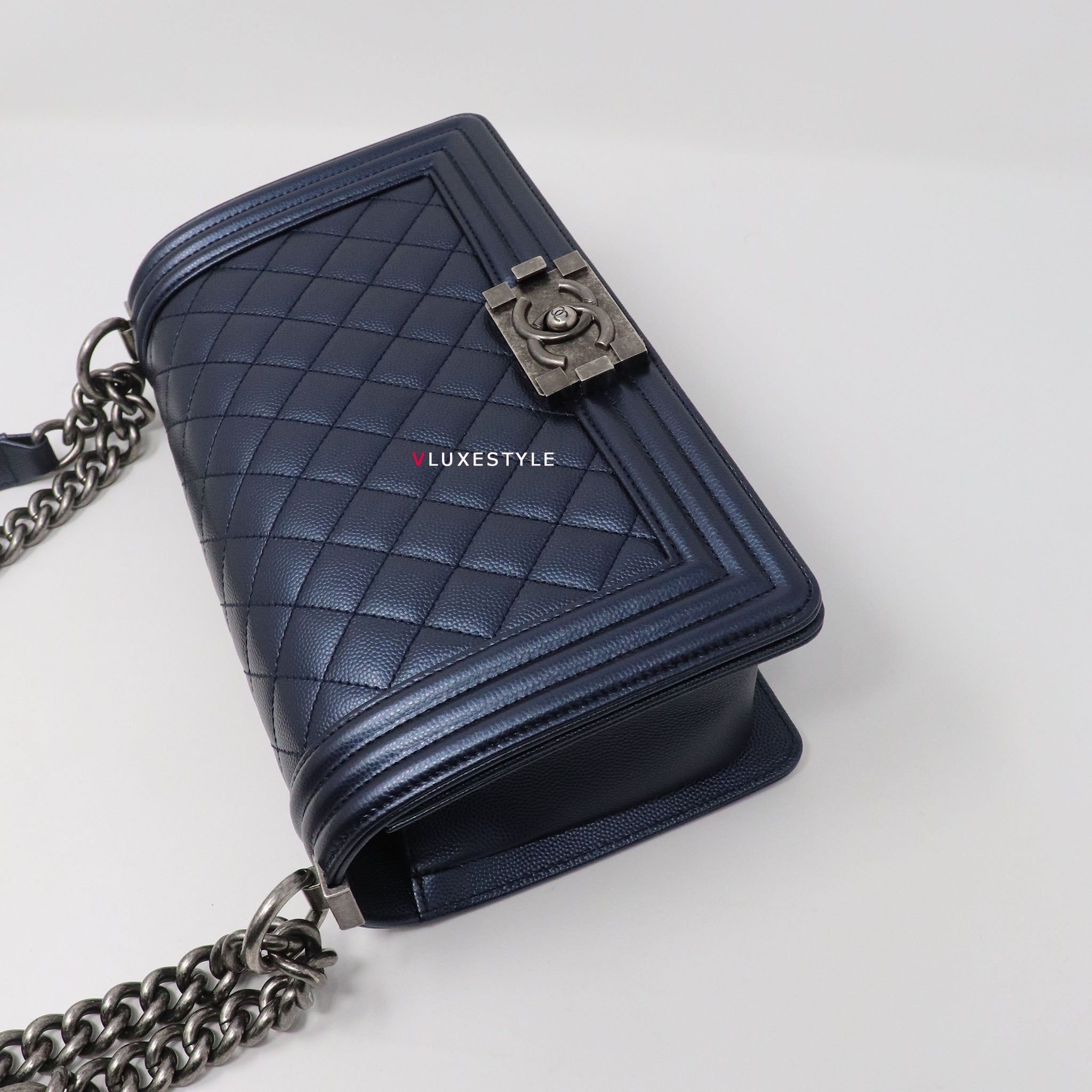 Chanel Le Boy Old Medium Metallic Navy Quilted Caviar with ruthenium  hardware