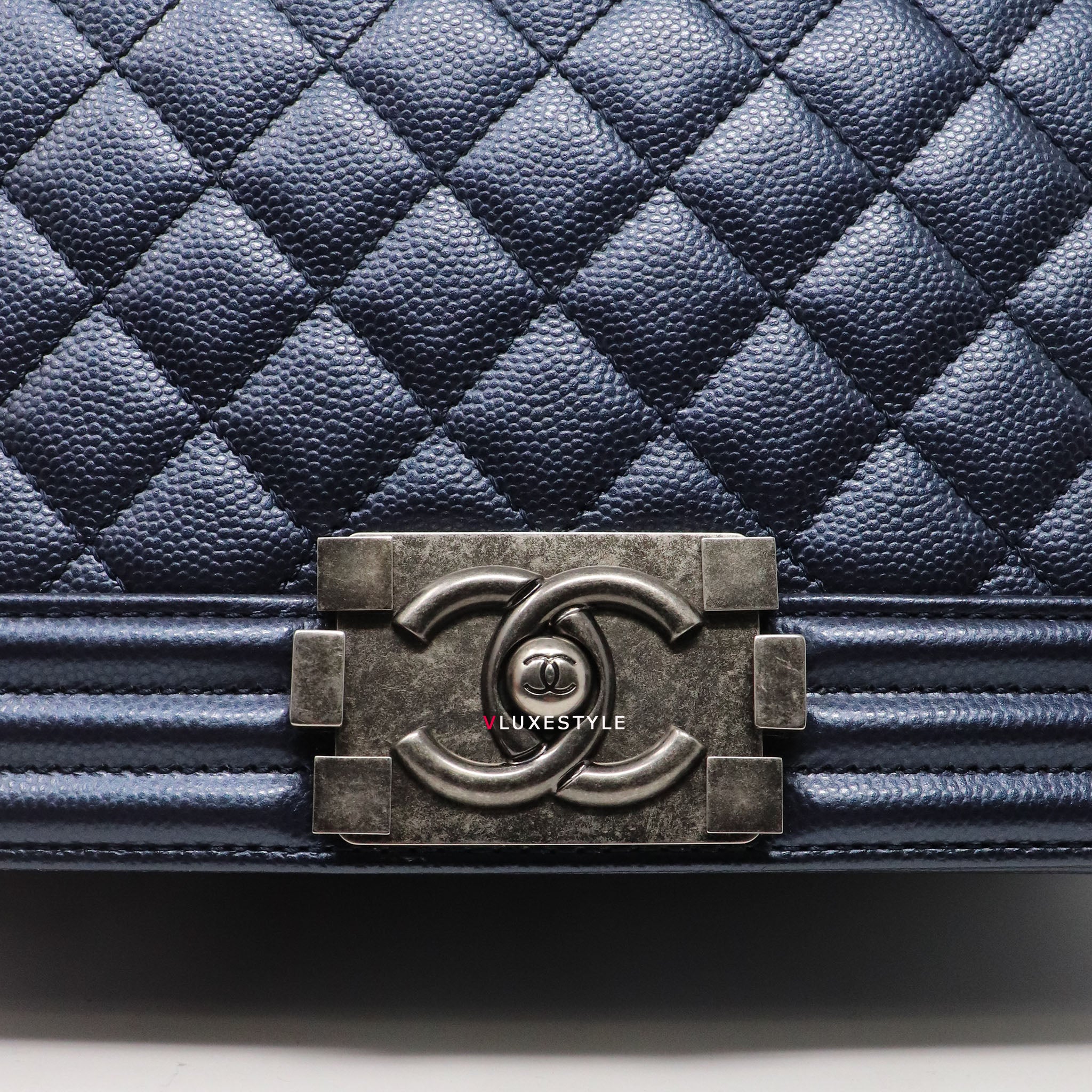 Chanel Le Boy Old Medium Metallic Navy Quilted Caviar with ruthenium  hardware