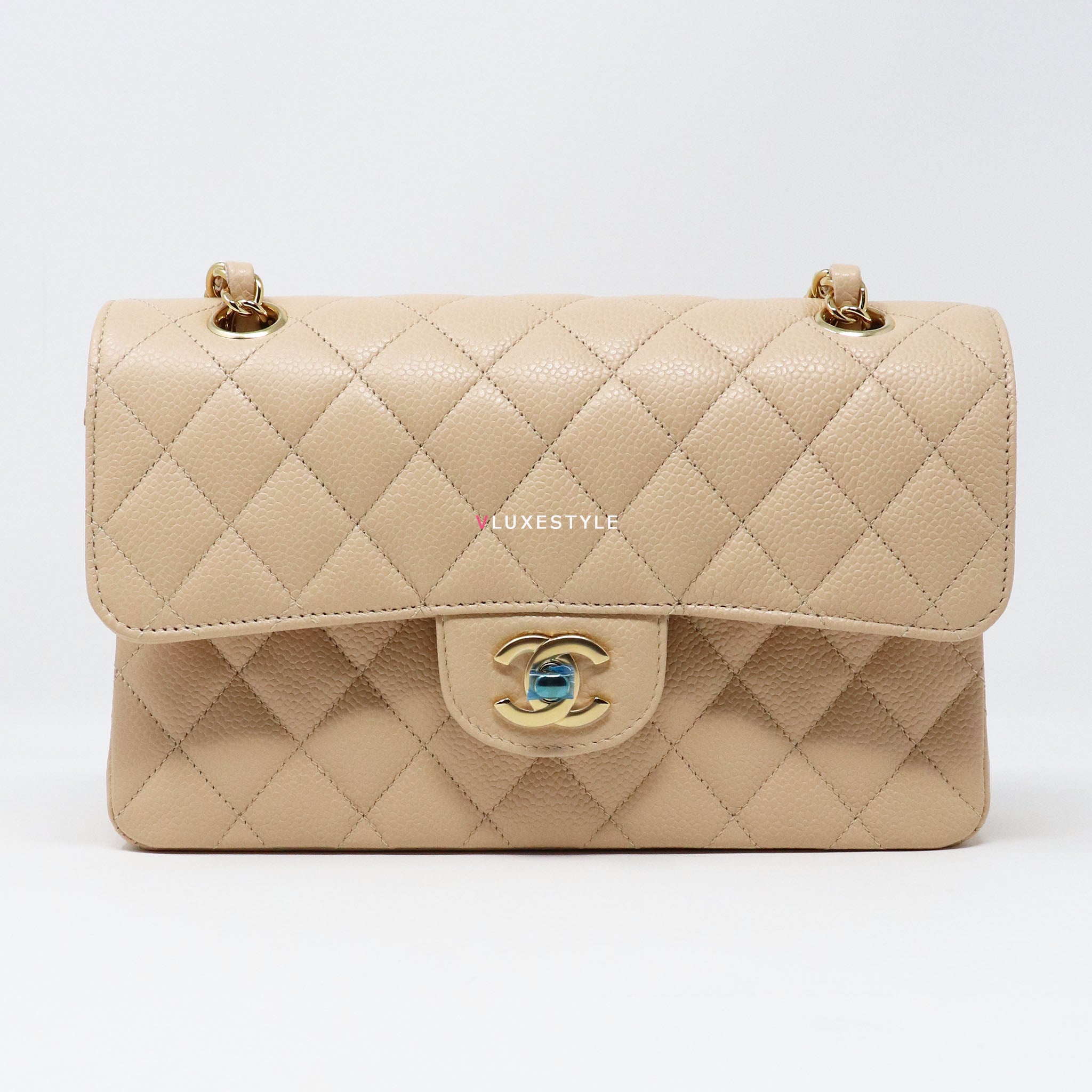 Chanel Classic Small Double Flap Beige Quilted Caviar with gold hardware