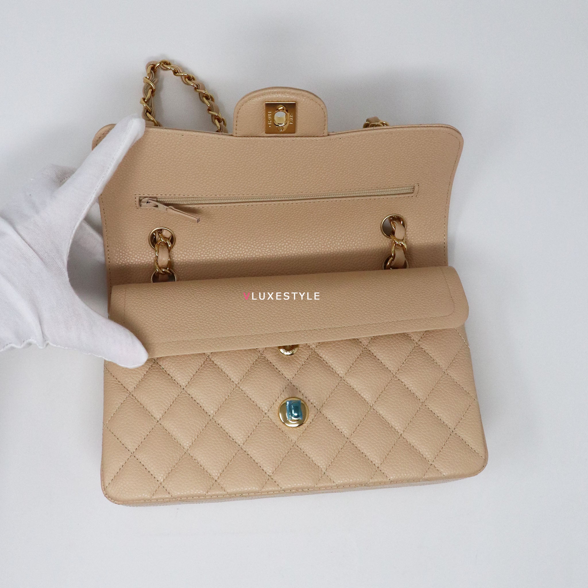 Chanel Classic Small Double Flap Beige Quilted Caviar with gold hardware