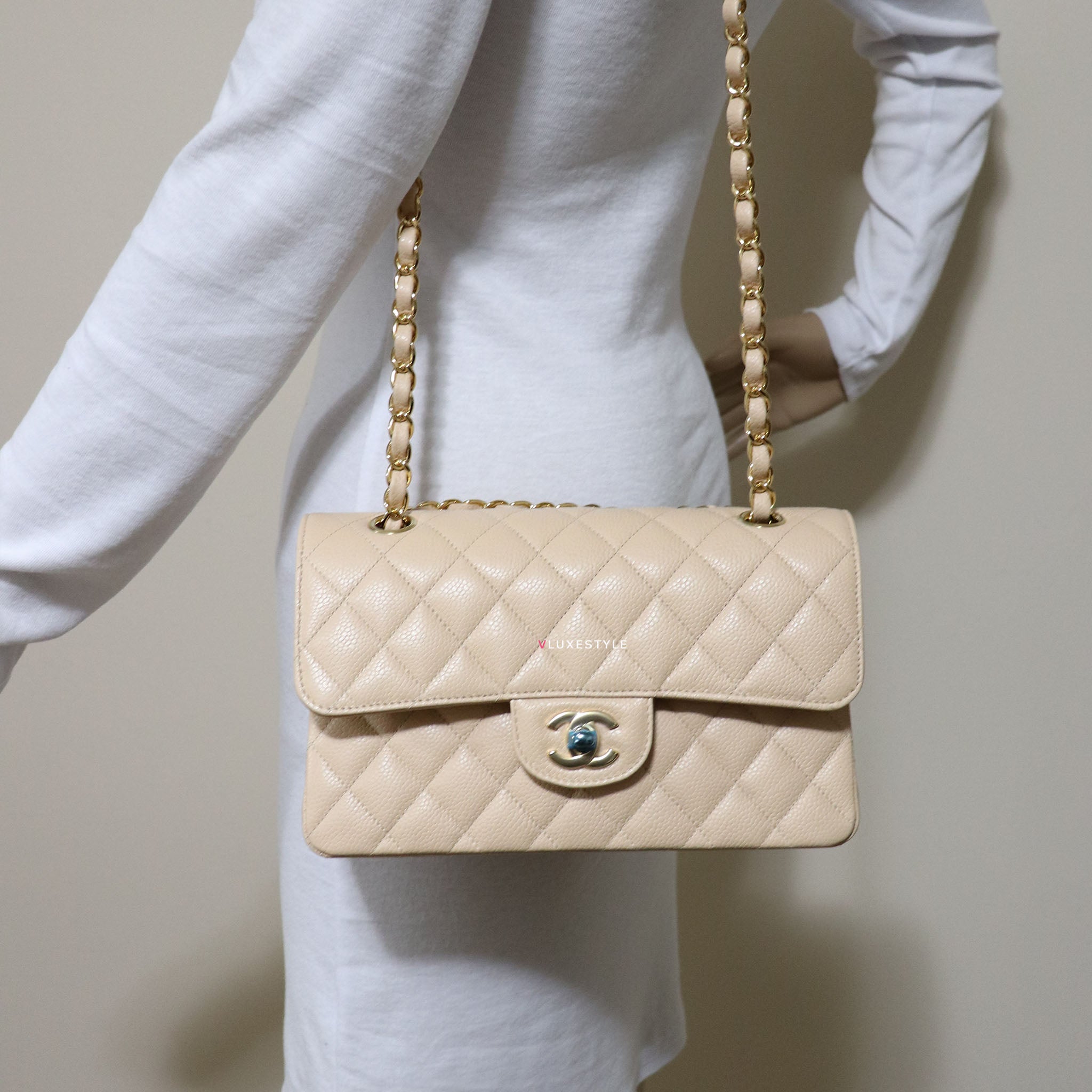 Chanel Classic Small Double Flap Beige Quilted Caviar with gold hardware