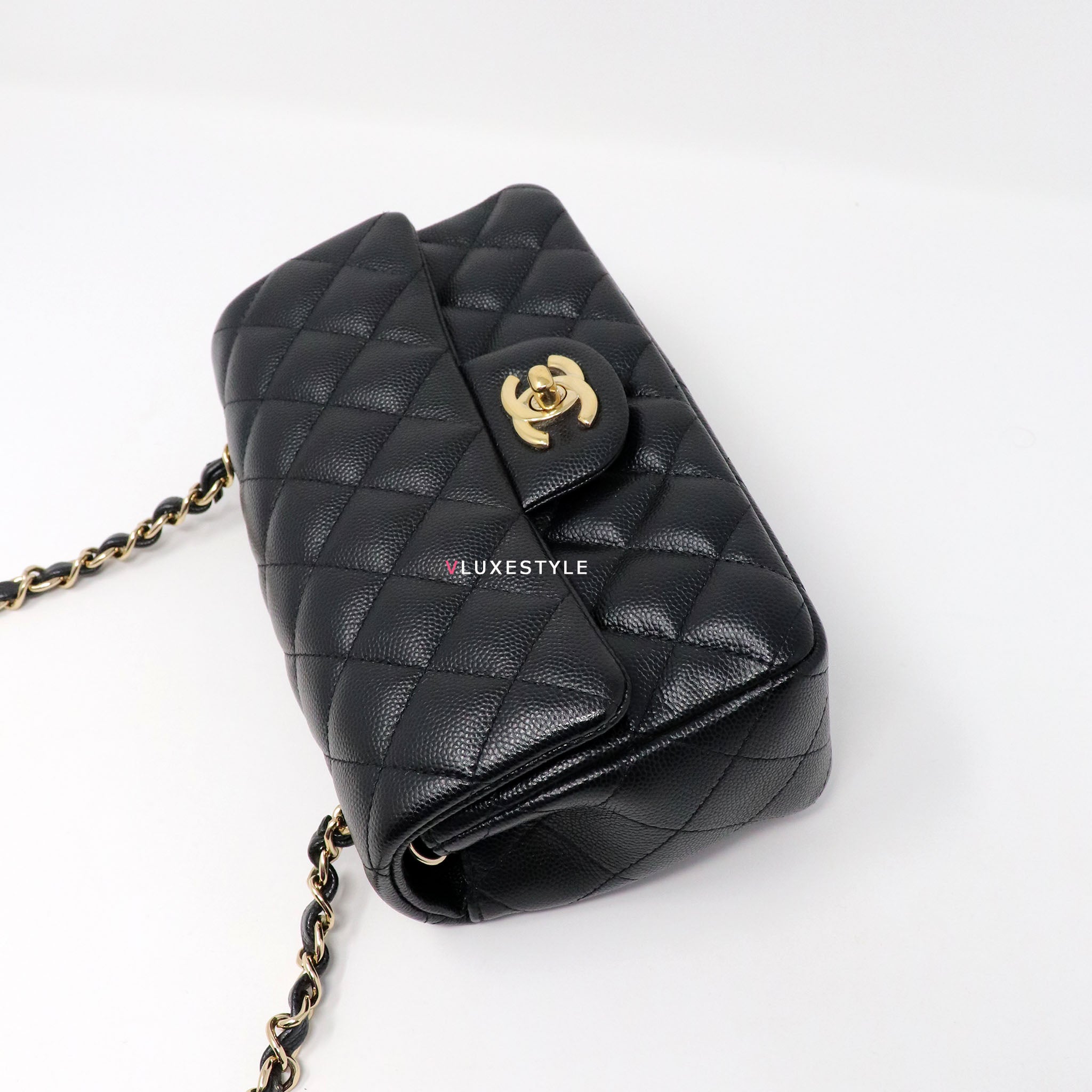 Chanel  Black Caviar Mini Rectangular Flap Bag with Light Gold