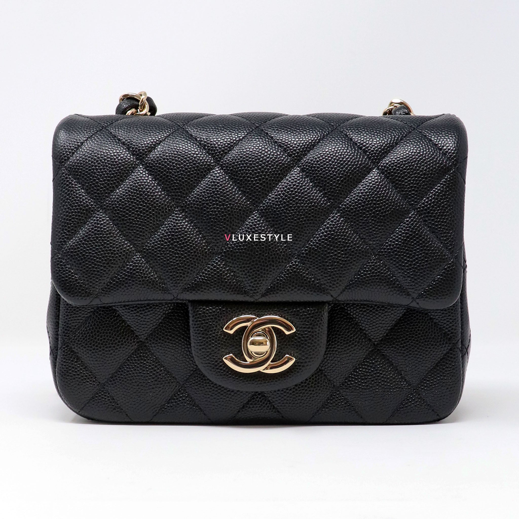 Classic Mini Square 17B Black Quilted Caviar with light gold hardware