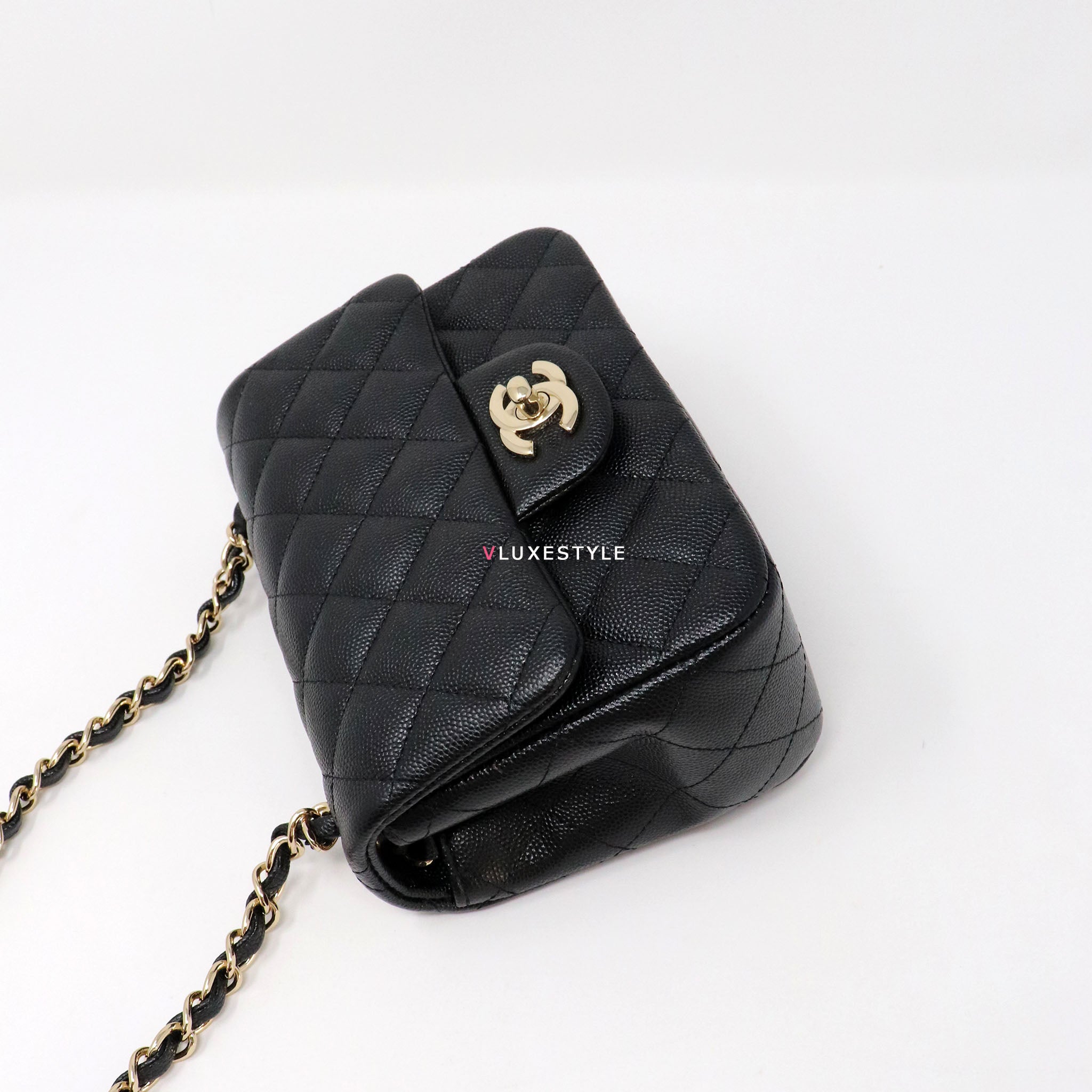 Classic Mini Square 17B Black Quilted Caviar with light gold hardware